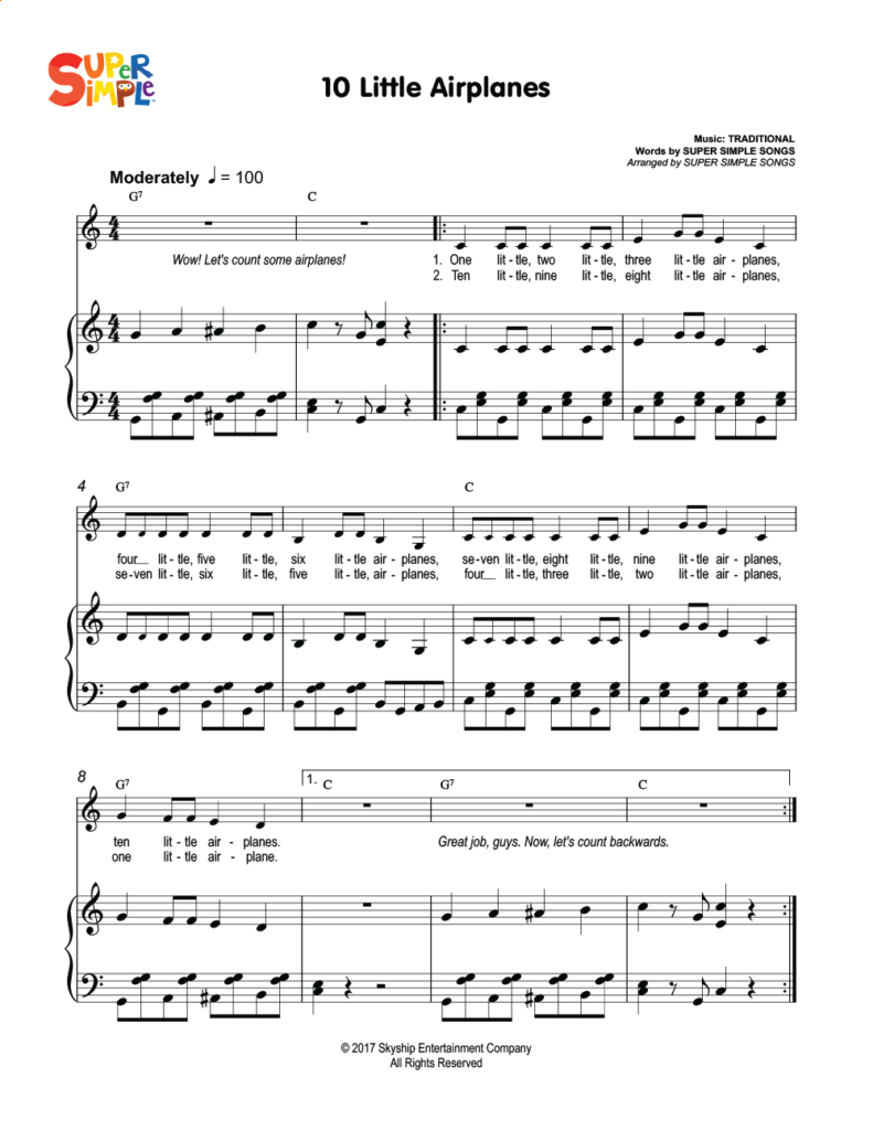 10 Little Airplanes Sheet Music - Super Simple inside Airplanes Piano Sheet Music Free Printable