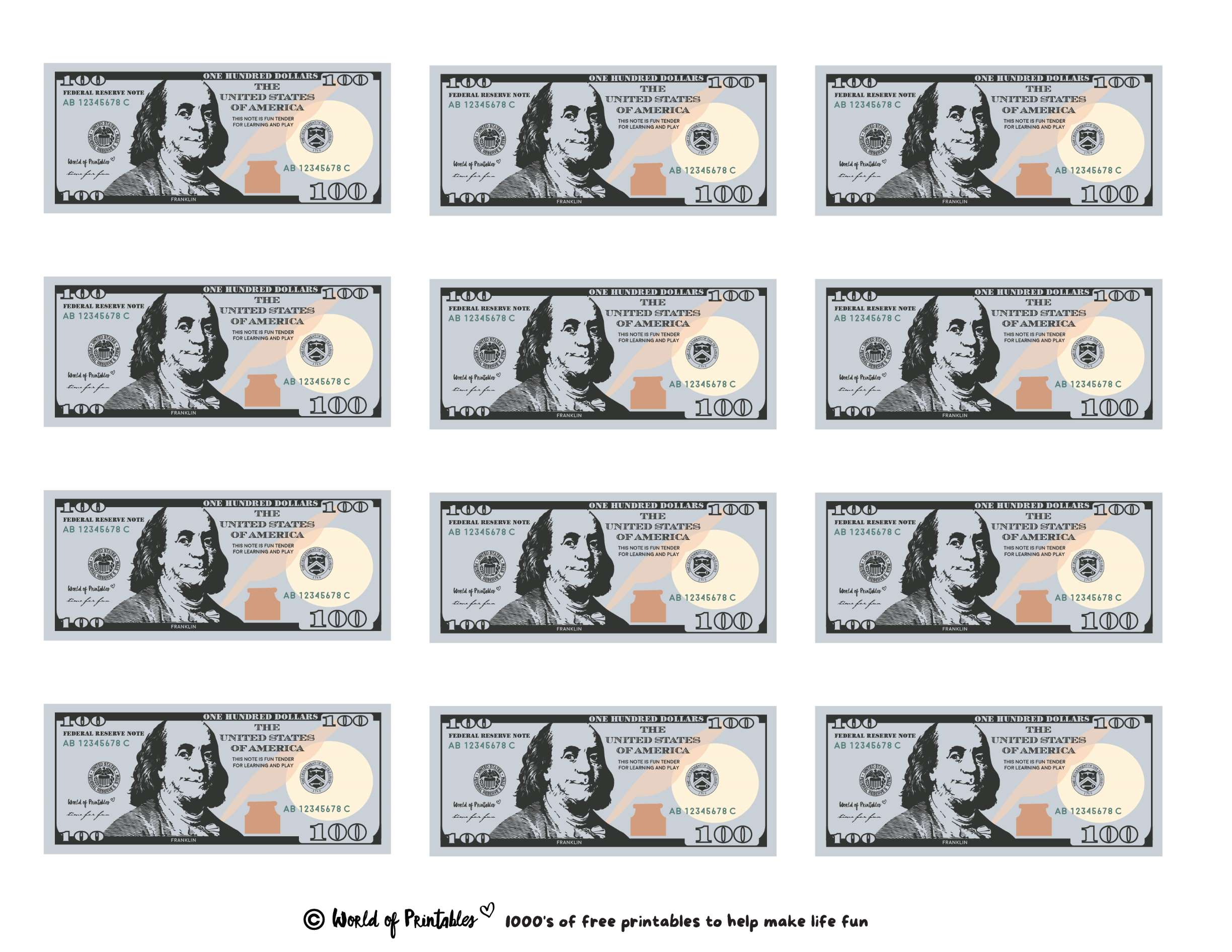 100 Dollar Play Money Printable for Free Printable 100 Dollar Bill