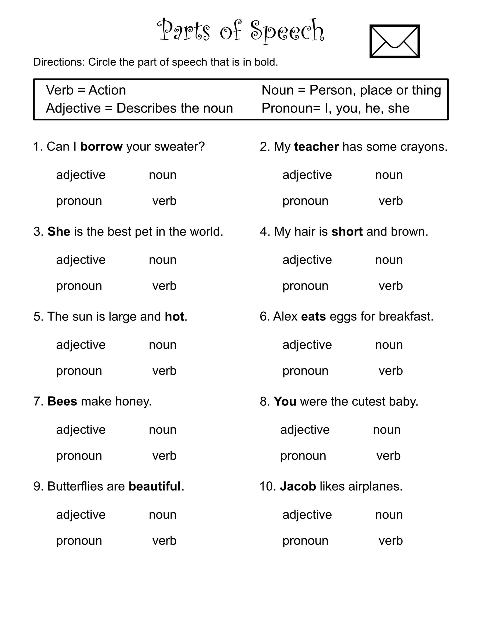 1St Through 3Rd Grade-Parts Of Speech-Worksheets-Verbs-Nouns within Free Printable Parts of Speech Worksheets