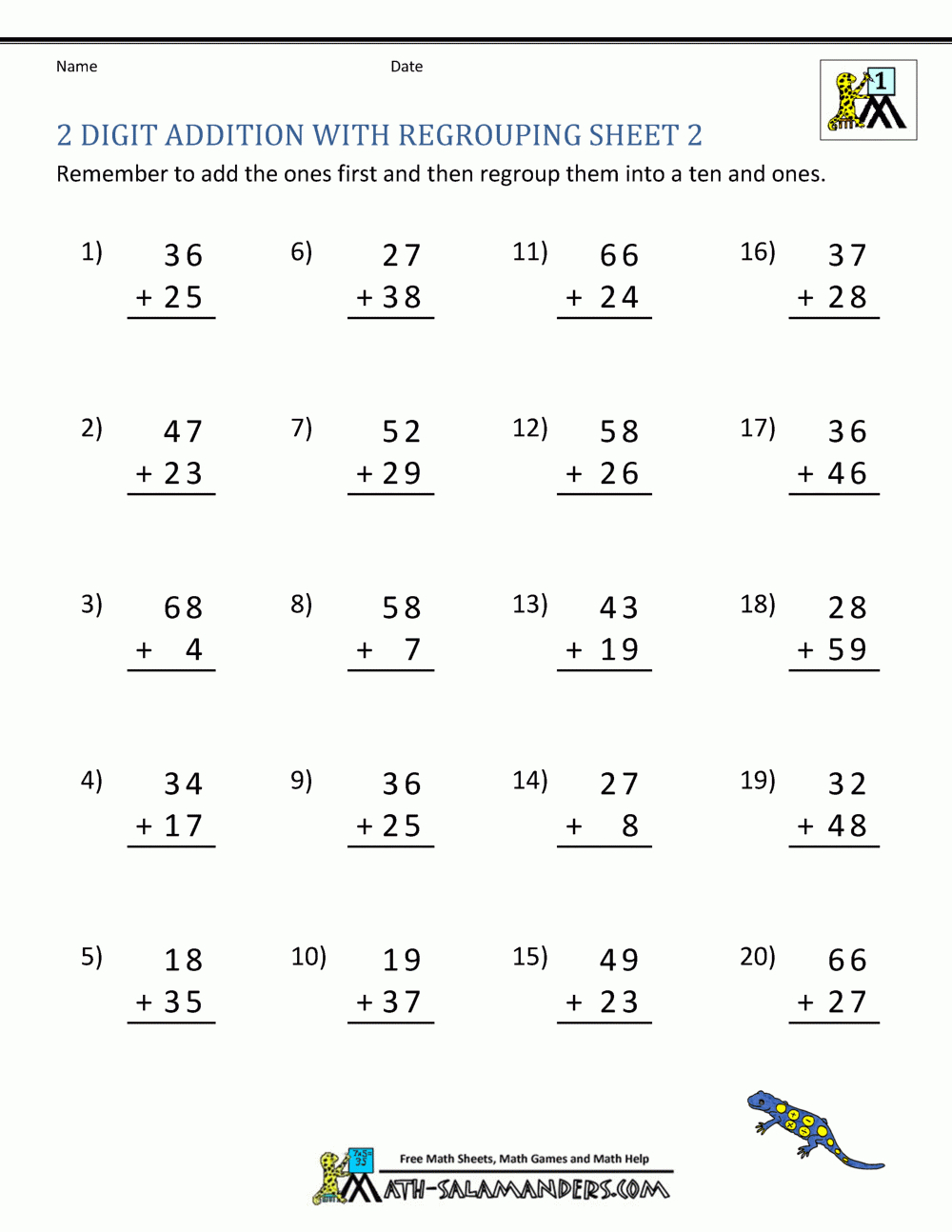 2 Digit Addition Worksheets regarding Free Printable Two Digit Addition Worksheets