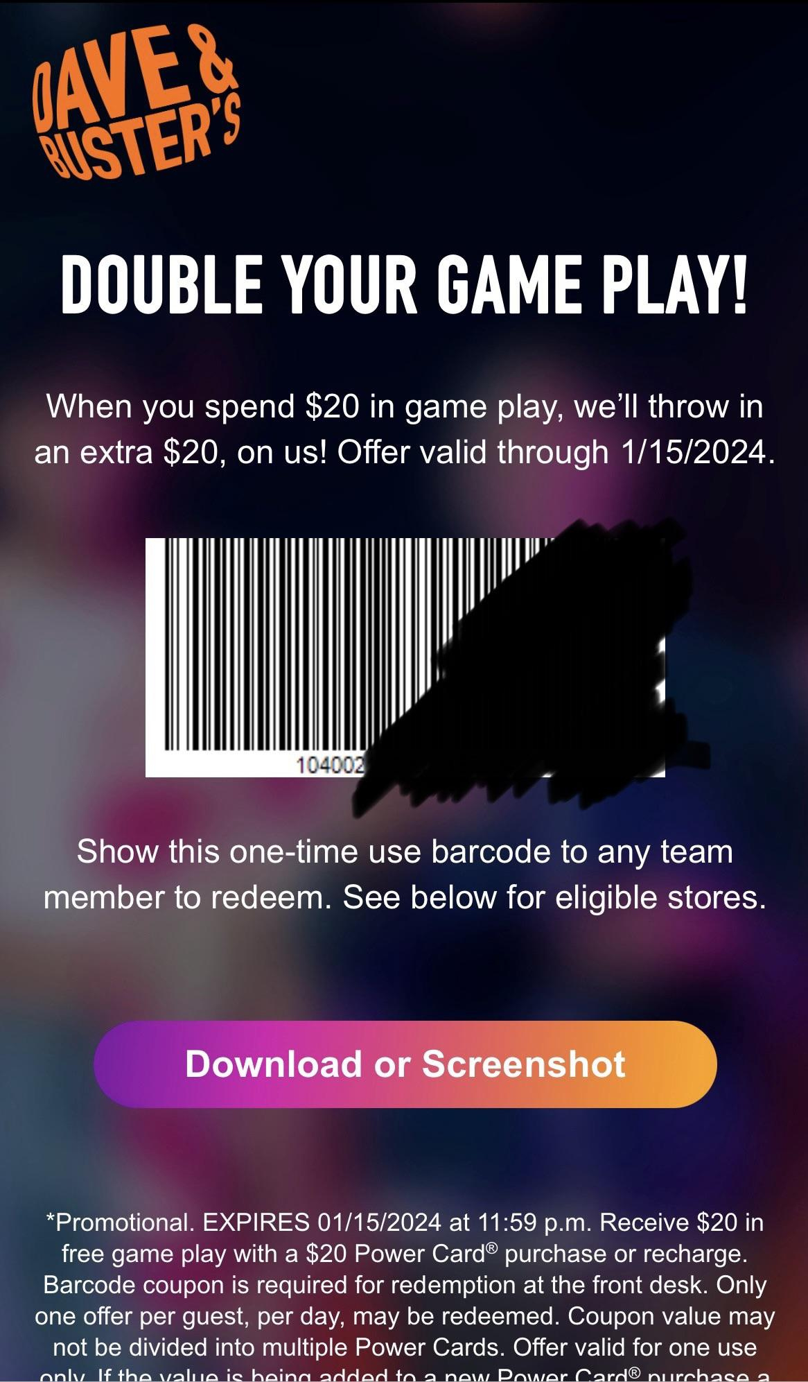 $20/$20 Coupon! : R/Daveandbusters intended for Free Printable Dave and Busters Coupons