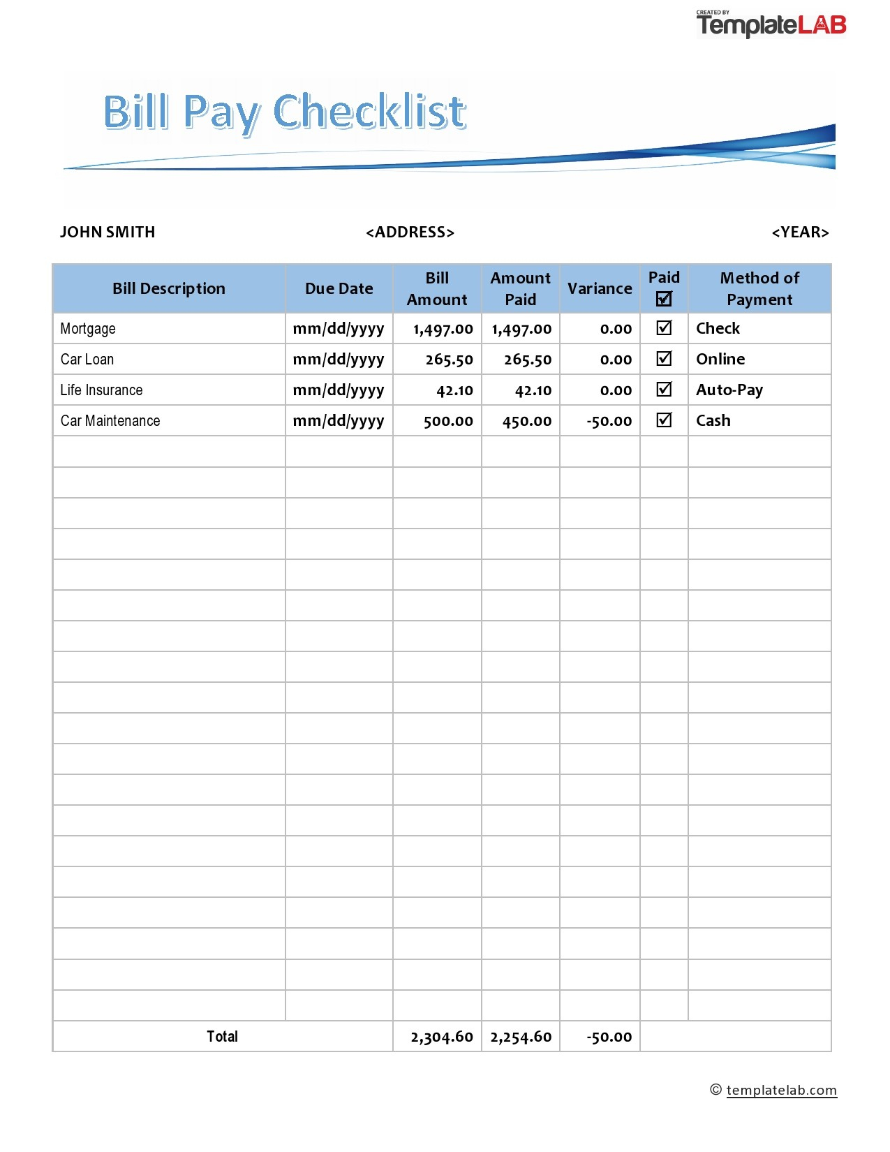 20 Free Bill Pay Checklists &amp;amp; Bill Calendars (Pdf, Word &amp;amp; Excel) intended for Free Printable Bill Payment Checklist