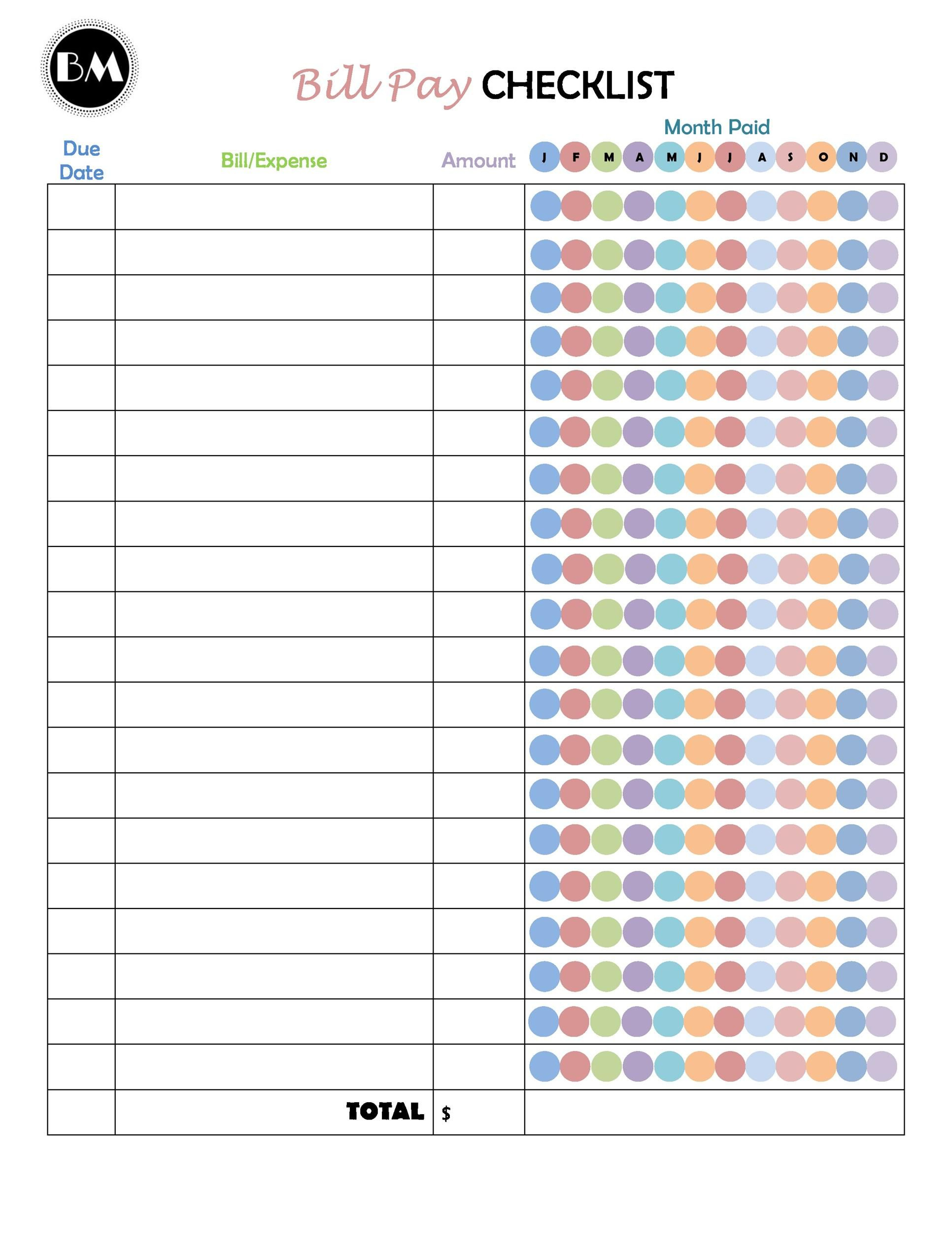 20 Free Bill Pay Checklists &amp; Bill Calendars (Pdf, Word &amp; Excel regarding Free Printable Bill Payment Checklist