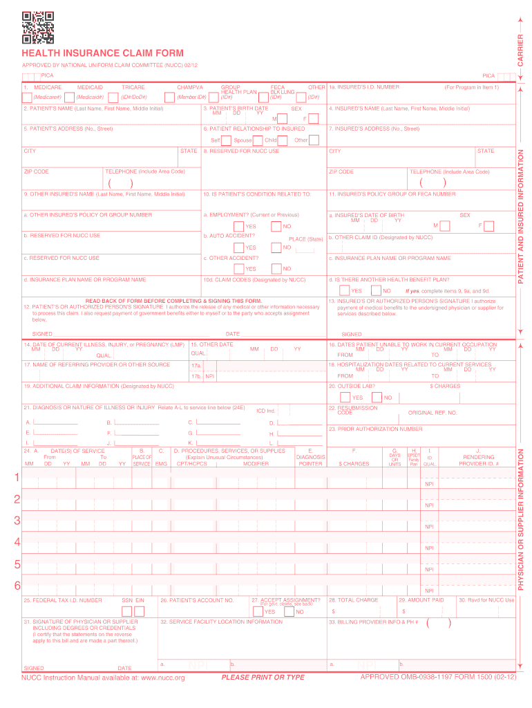 2012-2024 Form Cms 1500 Fill Online, Printable, Fillable, Blank throughout Free Printable CMS 1500 Form 02-12