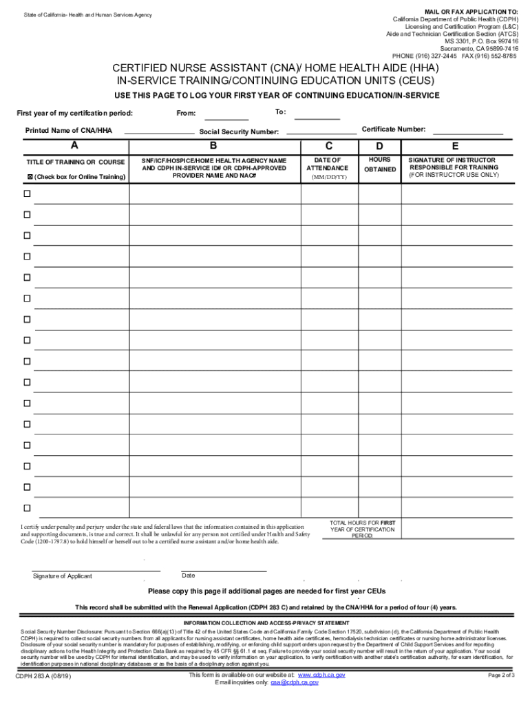 2019-2024 Form Ca Cdph 283 A Fill Online, Printable, Fillable with regard to Free Printable Cna Inservices