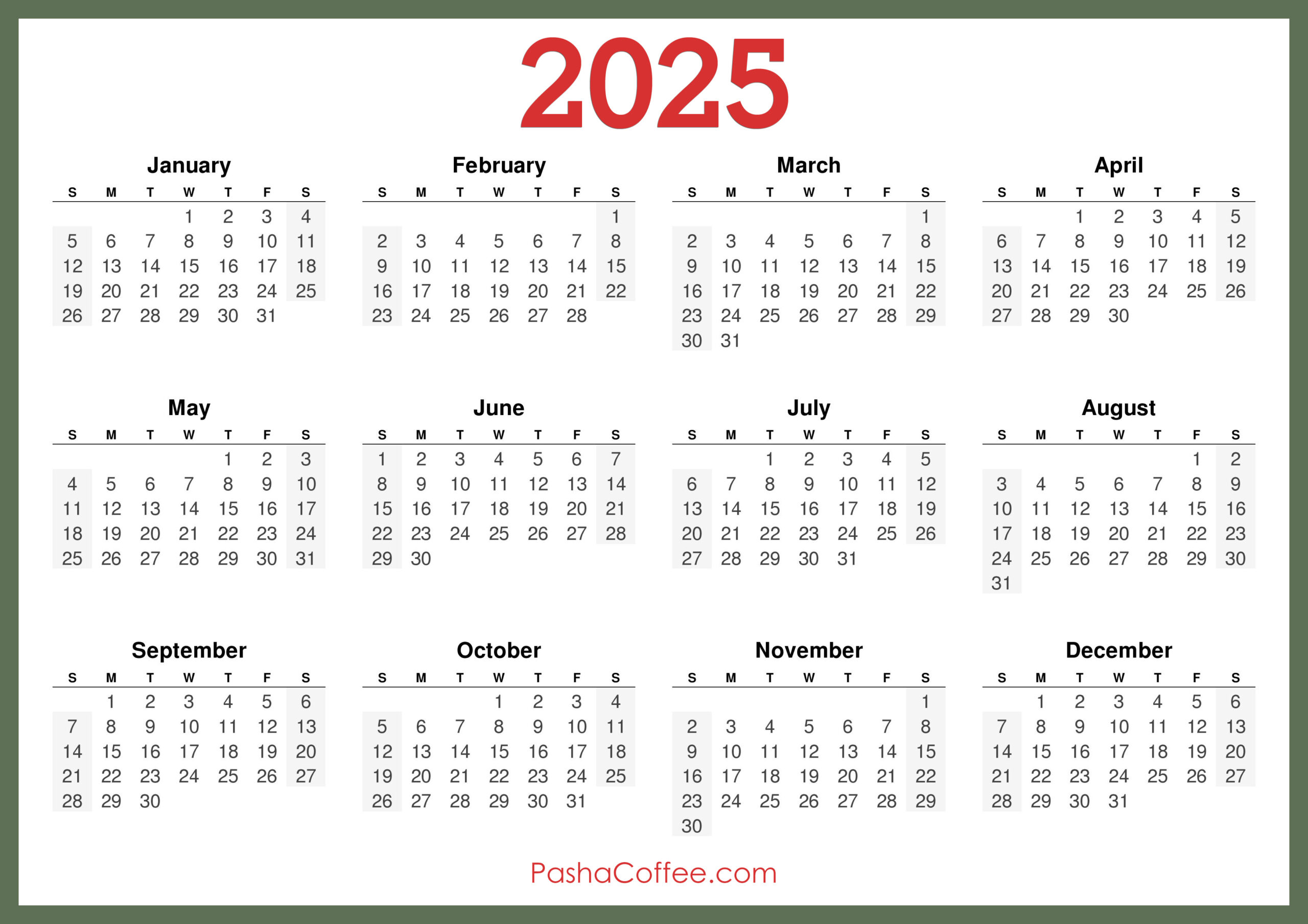 2025 Calendar Printable Free, Horizontal, Green – Pashacoffee pertaining to Free 2025 Printable