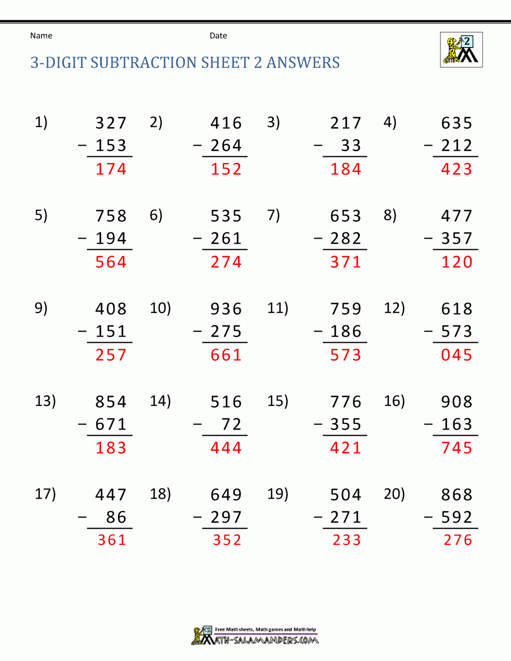 3 Digit Subtraction Worksheets intended for Free Printable 3 Digit Subtraction With Regrouping Worksheets