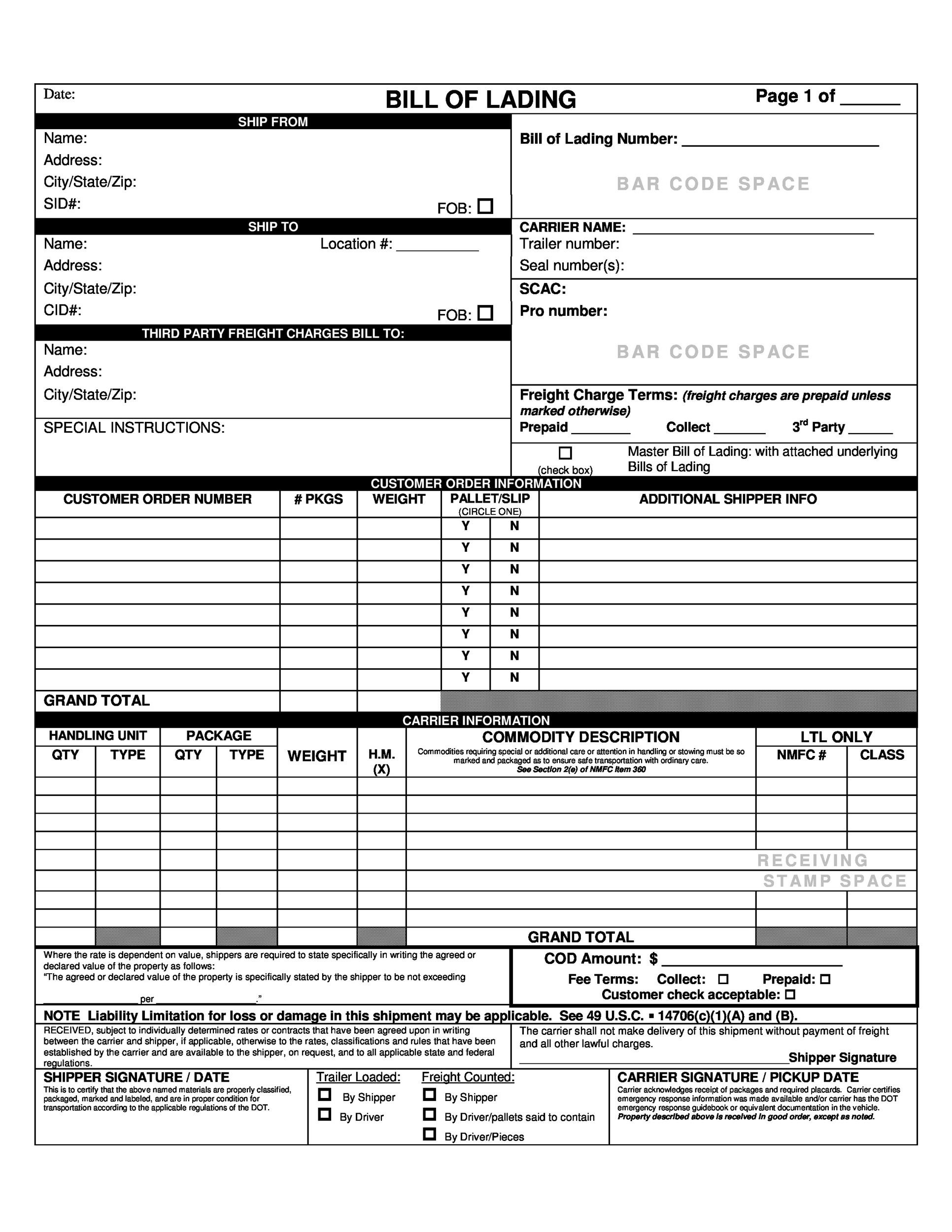 40 Free Bill Of Lading Forms &amp;amp; Templates ᐅ Templatelab intended for Free Printable Straight Bill of Lading