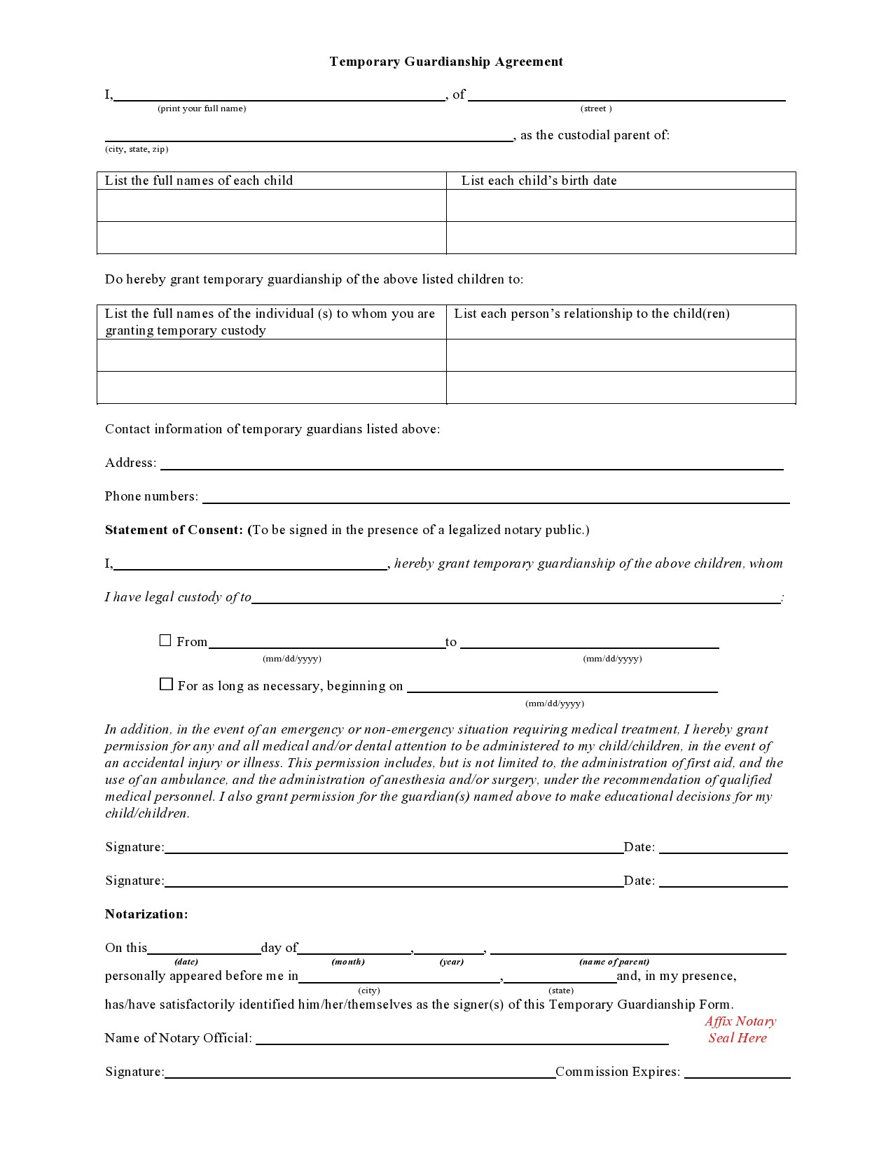 40 Printable Temporary Guardianship Forms [All States] intended for Free Printable Legal Guardianship Forms