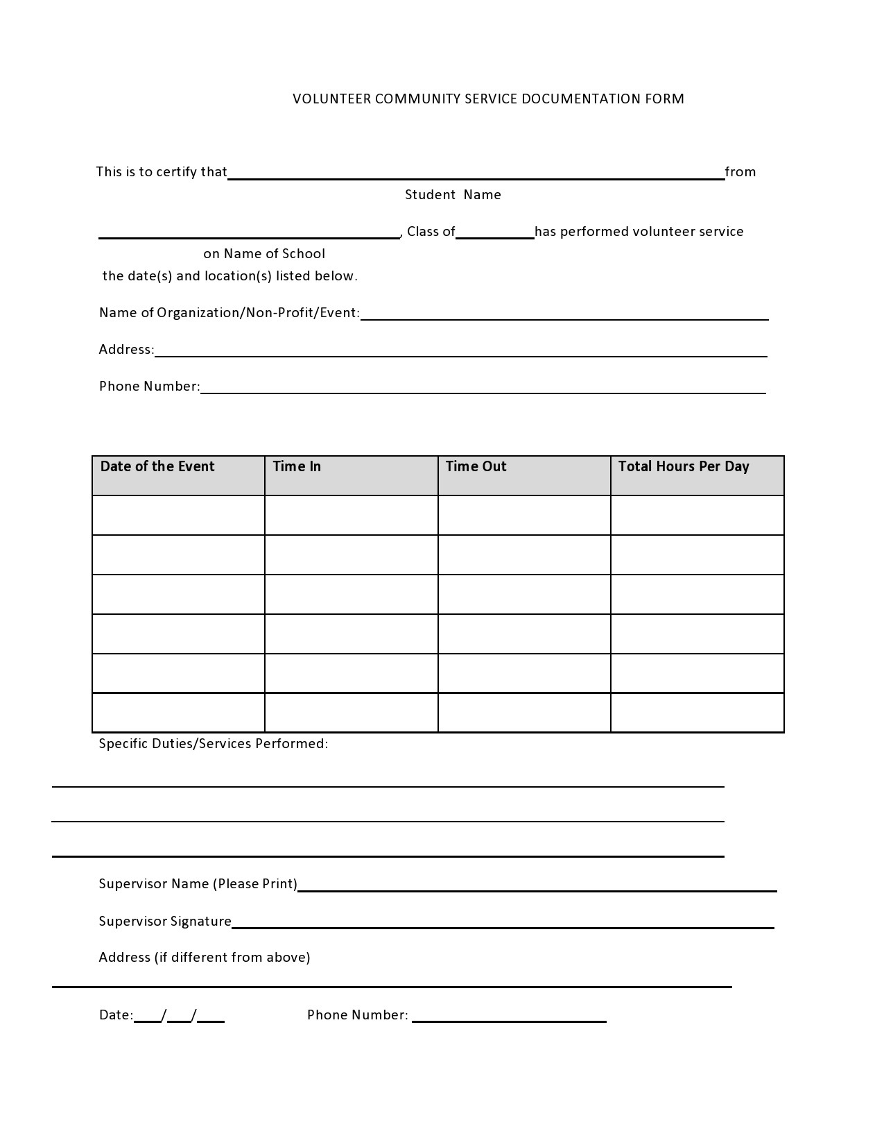 44 Printable Community Service Forms (Ms Word) ᐅ Templatelab for Free Printable Community Service Log Sheet