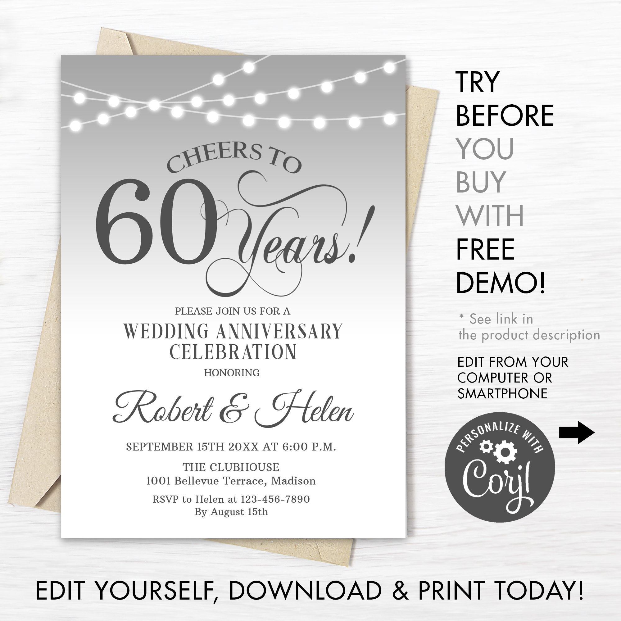 60Th Wedding Anniversary Party Invitation Instant Download for Free Printable 60Th Wedding Anniversary Invitations