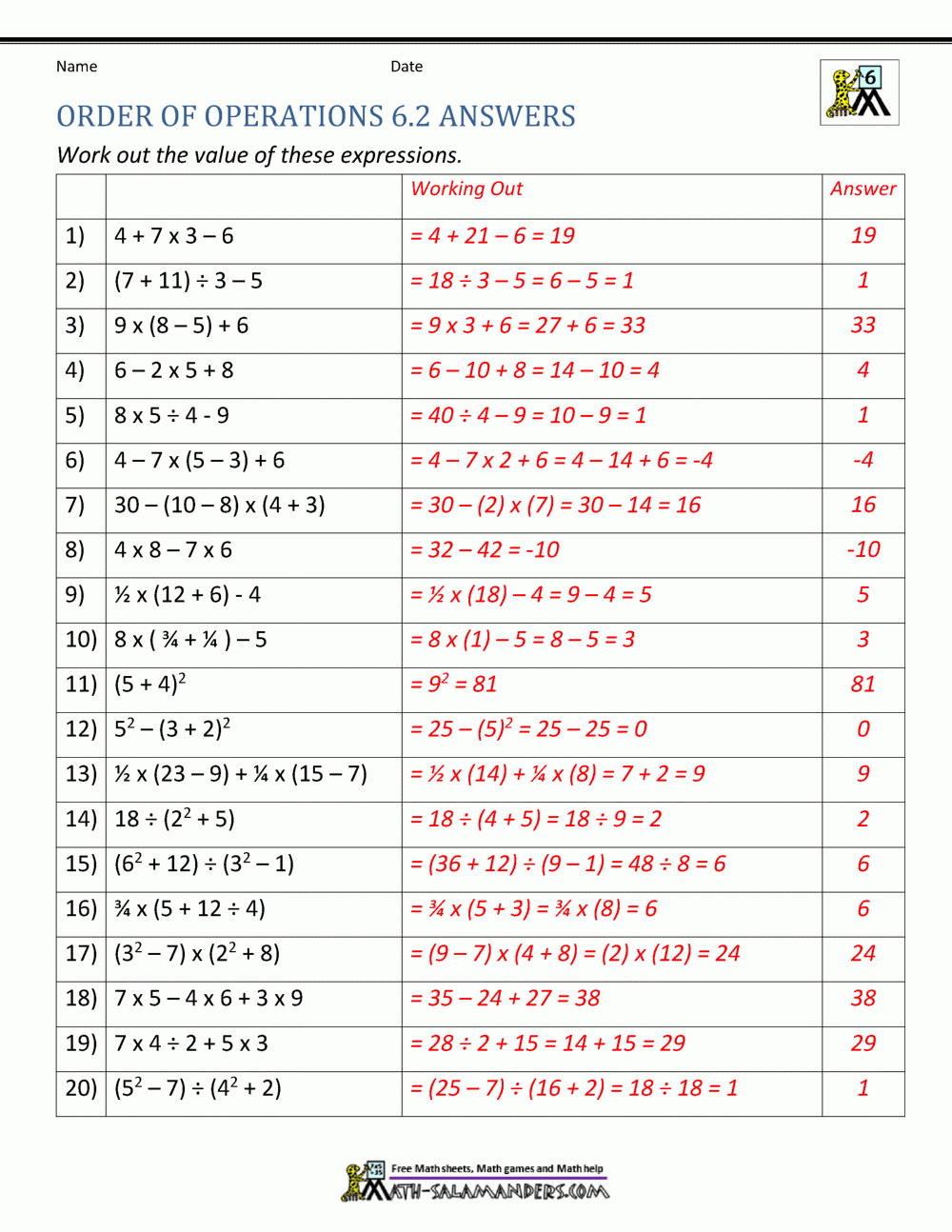 6Th Grade Order Of Operations Worksheets intended for Order Of Operations Free Printable Worksheets With Answers