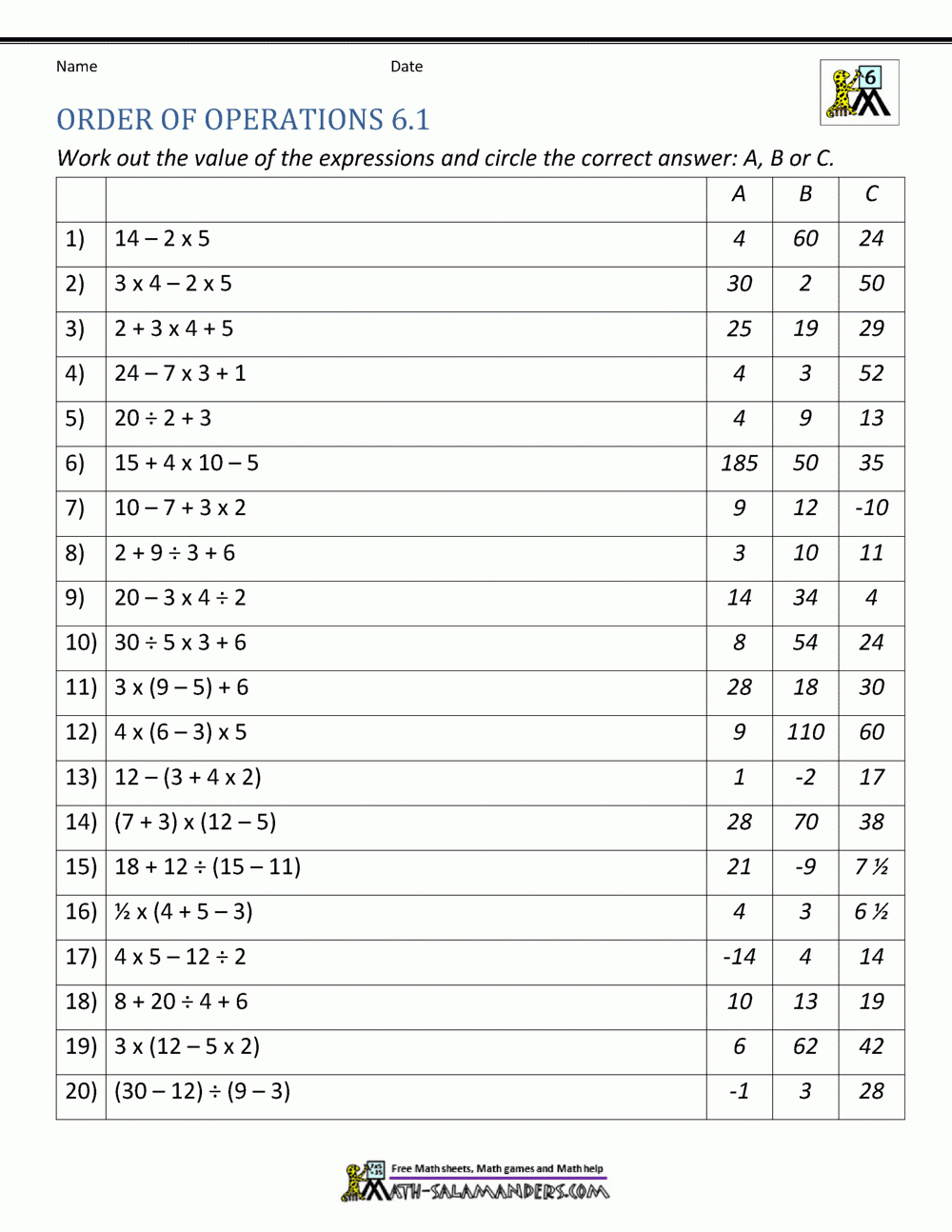 6Th Grade Order Of Operations Worksheets throughout Order Of Operations Free Printable Worksheets With Answers