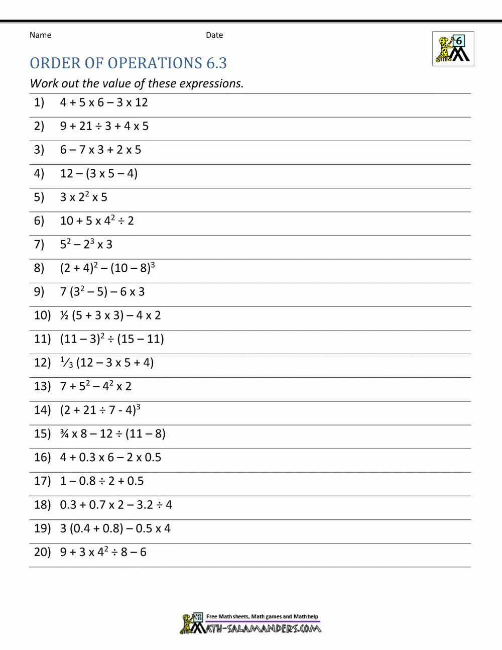 6Th Grade Order Of Operations Worksheets with regard to Free Printable Math Worksheets 6Th Grade Order Operations