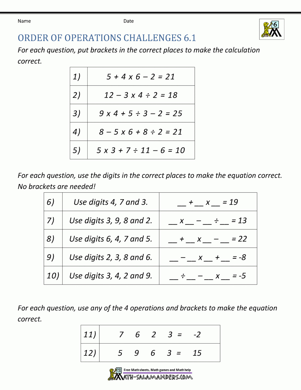 6Th Grade Order Of Operations Worksheets within Free Printable Math Worksheets 6Th Grade Order Operations