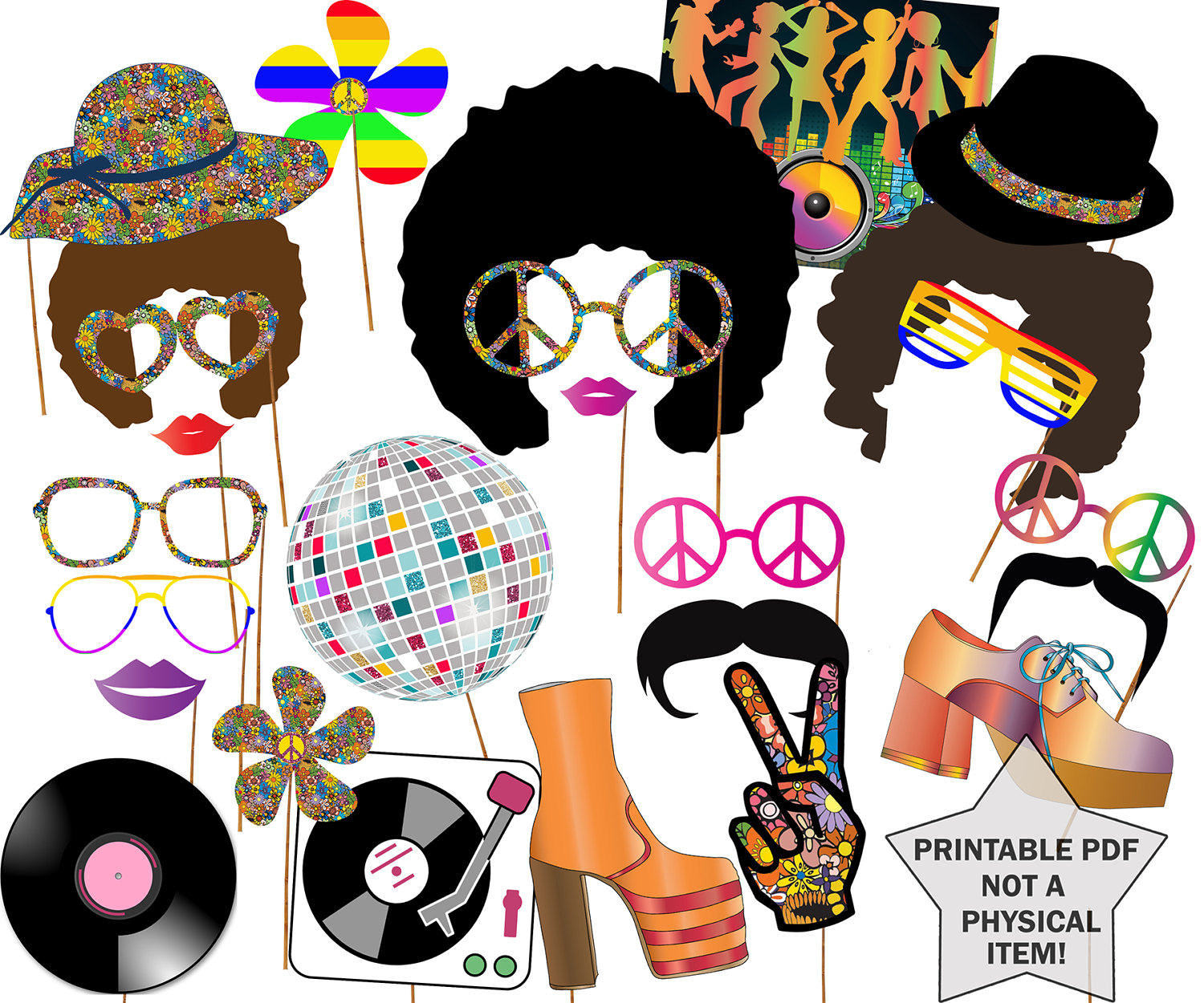 70S Party Photo Booth Props: Disco Party Props Hippie Party Disco inside Free Printable 70&amp;#039;S Photo Booth Props