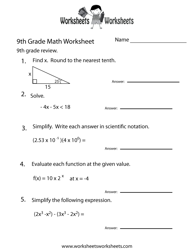 9Th Grade Math Review Worksheet | Worksheets Worksheets with regard to 9Th Grade Algebra Worksheets Free Printable