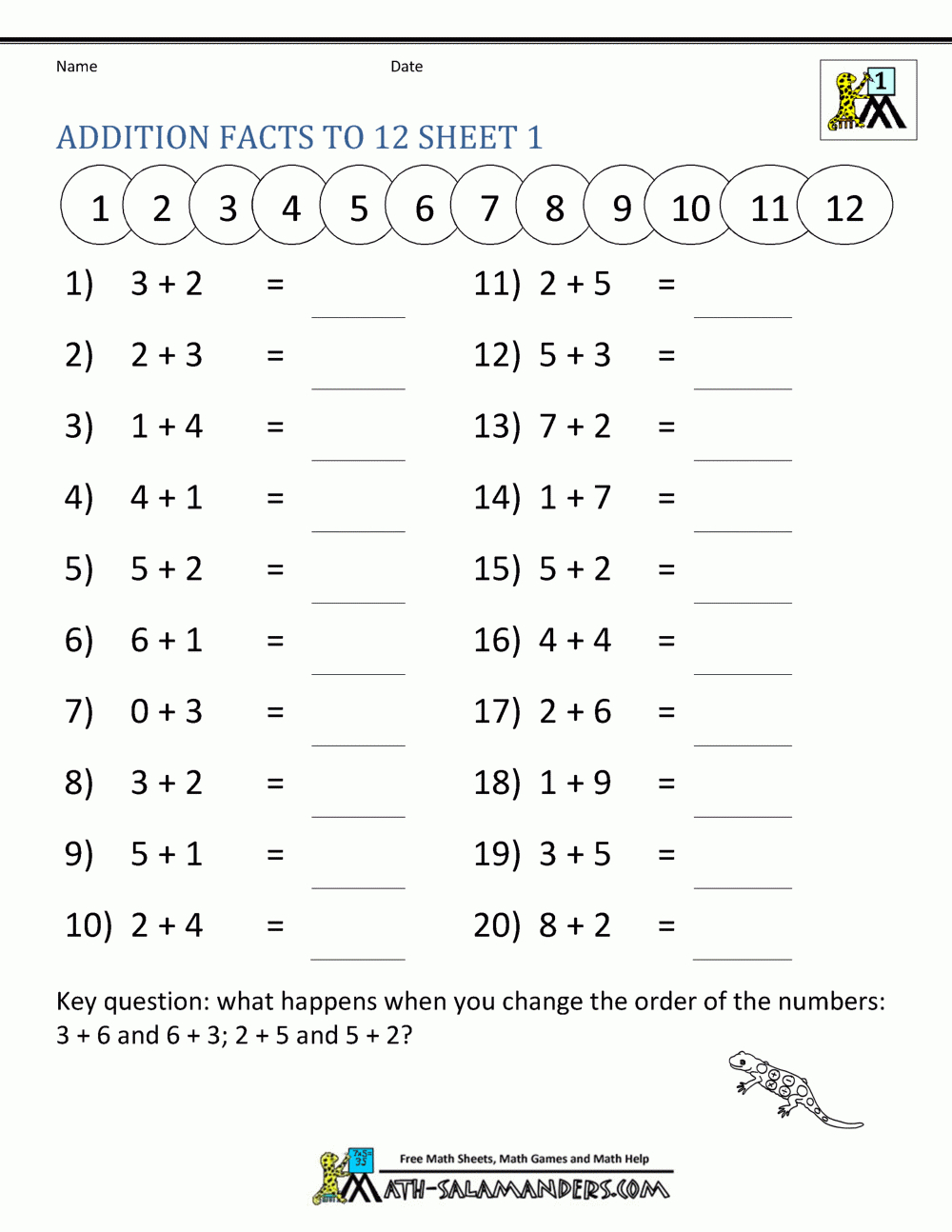 Addition Facts To 20 Worksheets pertaining to Free Printable Addition Worksheets For 1St Grade