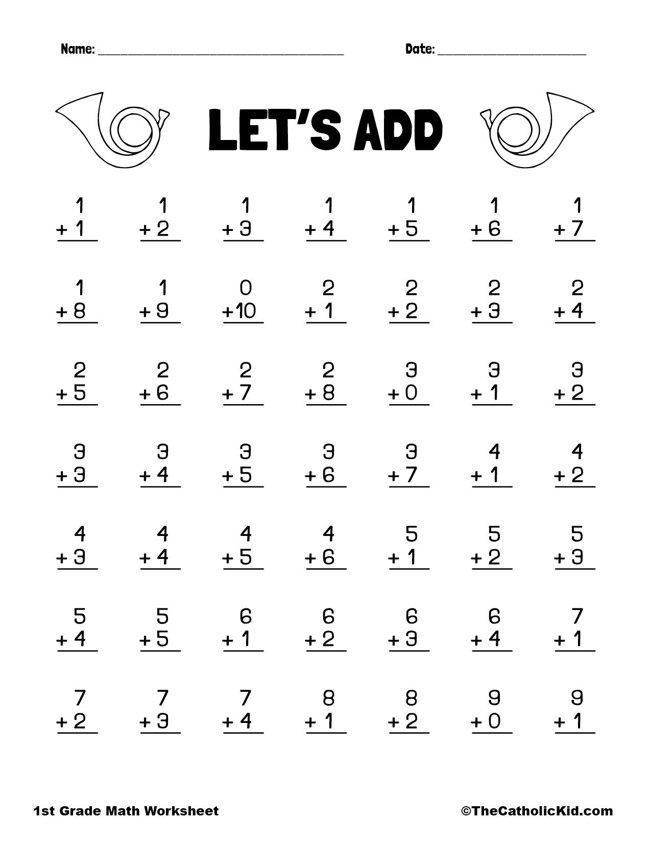 Addition Printout - 1St Grade Math Worksheet Catholic | First inside Free Printable First Grade Math Worksheets