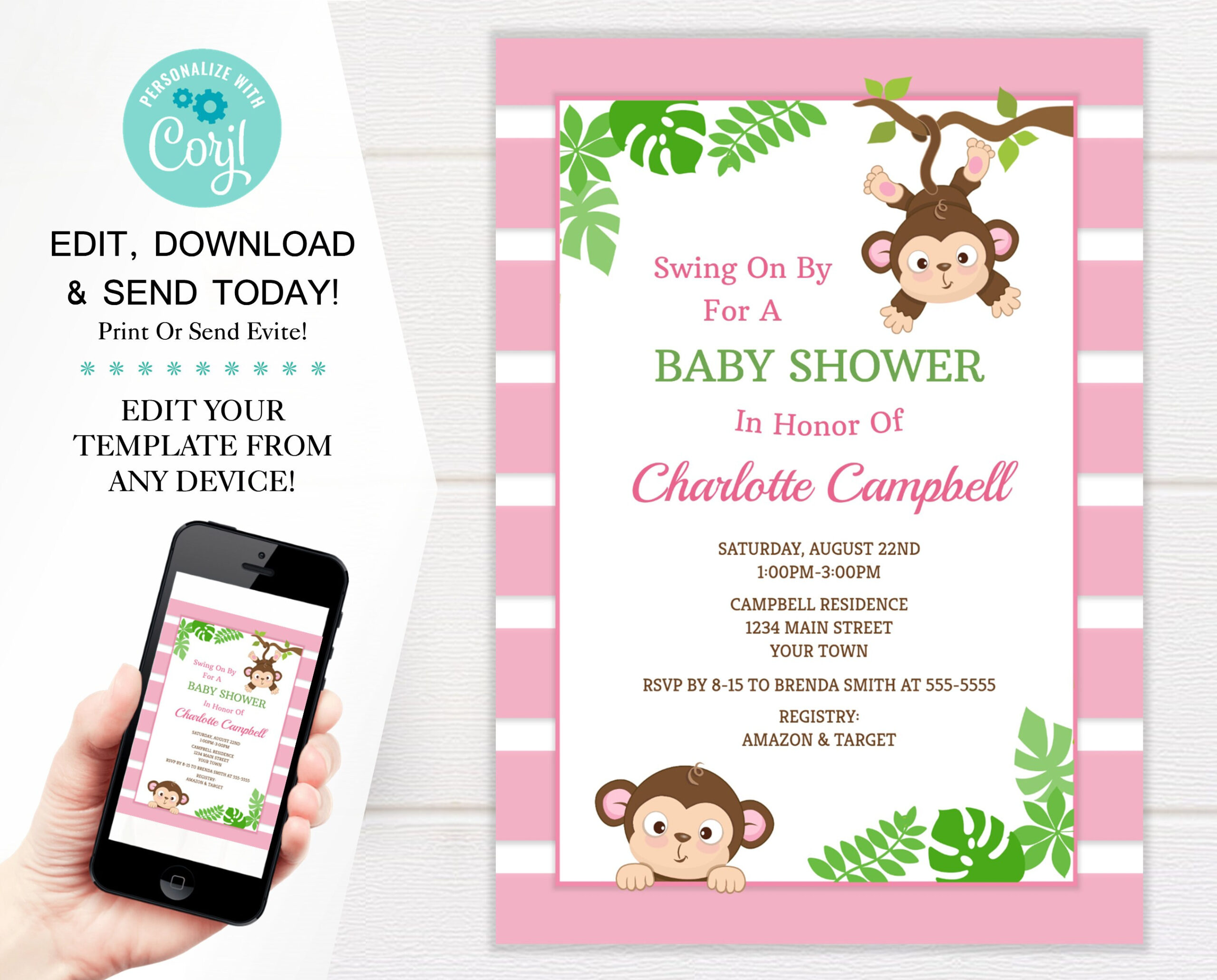 Adorable Monkey Girl Baby Shower Invitation Template, Pink Monkey pertaining to Free Printable Monkey Girl Baby Shower Invitations