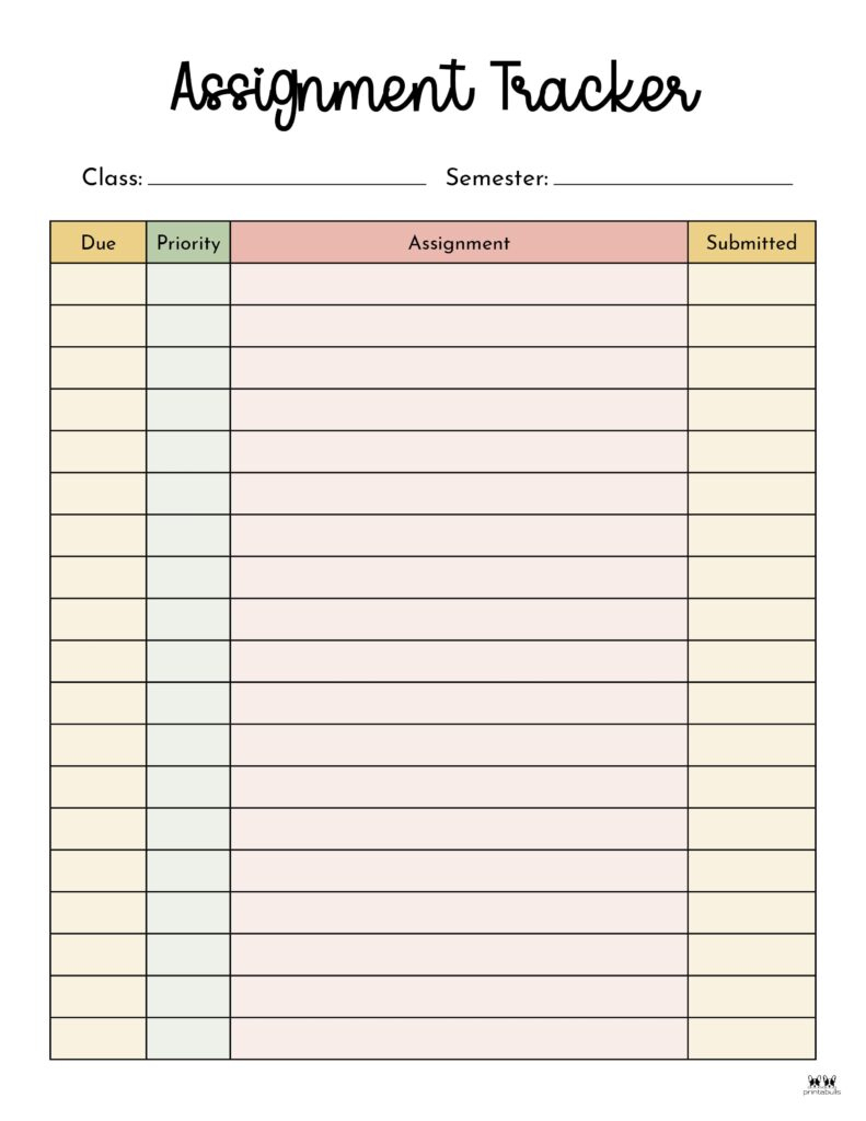 Assignment Trackers - 12 Free Printables | Printabulls for Free Printable Daily Assignment Sheets