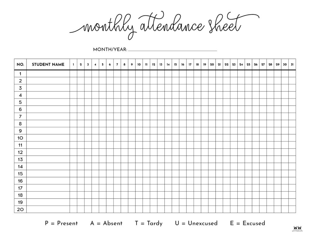 Attendance Sheets - 52 Free Printables | Printabulls for Free Printable Attendance Forms For Teachers