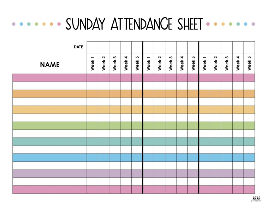 Attendance Sheets - 52 Free Printables | Printabulls pertaining to Sunday School Attendance Chart Free Printable