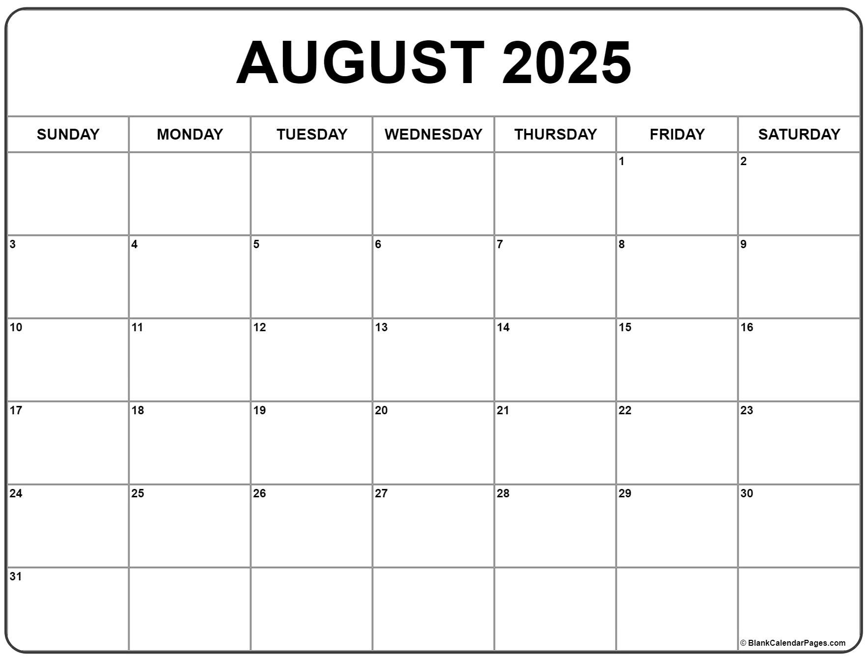 August 2025 Calendar | Free Printable Calendar for Free Printable August 2025