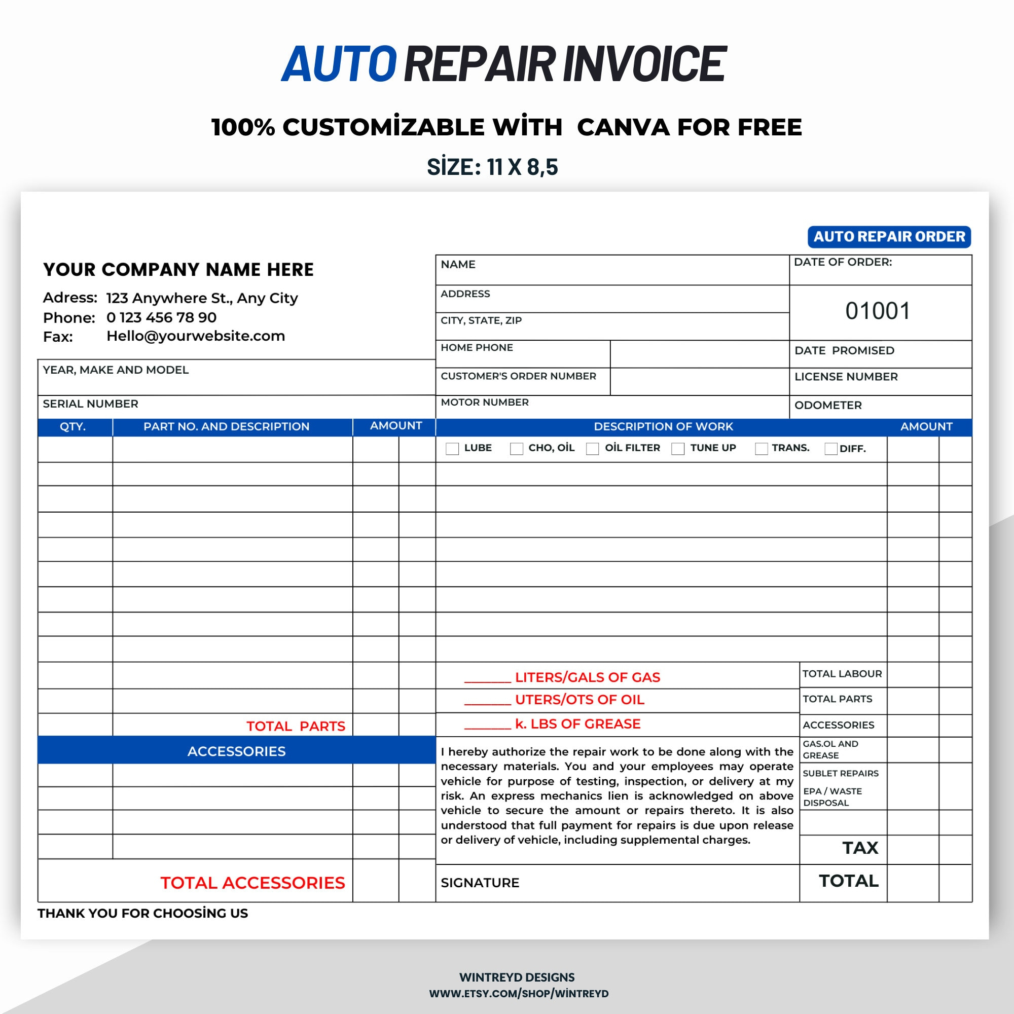 Auto Repair Invoice Template, Automotive Service Invoice Template intended for Free Printable Auto Repair Invoice Template