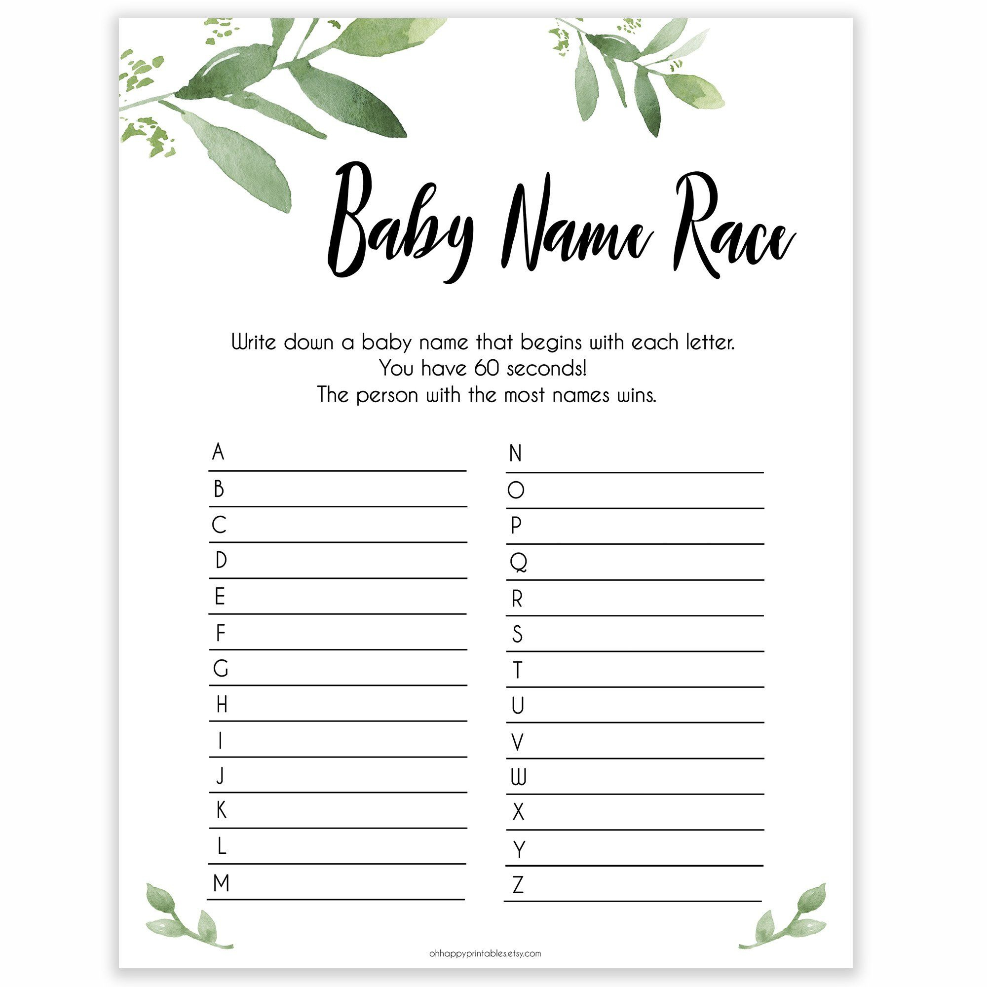 Baby Name Race Game - Printable Botanical Baby Shower Games | Boy for Baby Name Race Free Printable