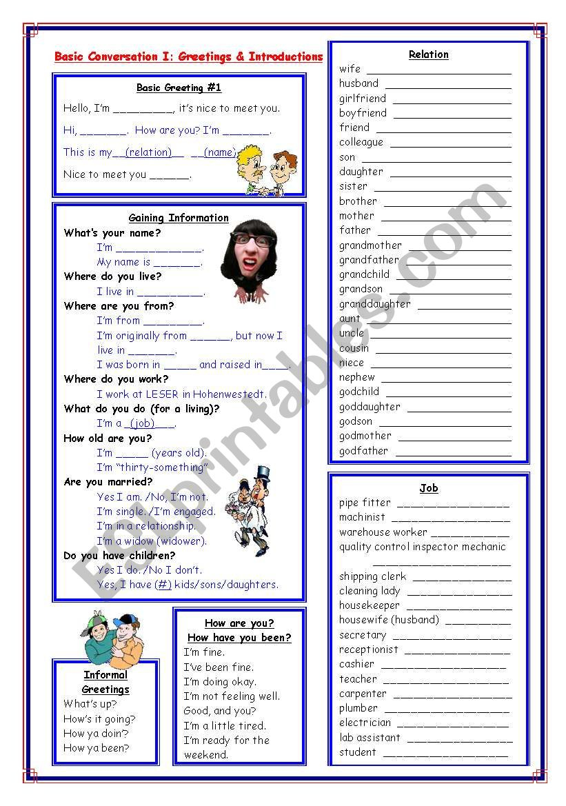 Basic Conversation I: Greetings &amp;amp; Introductions &amp;amp; Family Tree within Free Printable English Conversation Worksheets