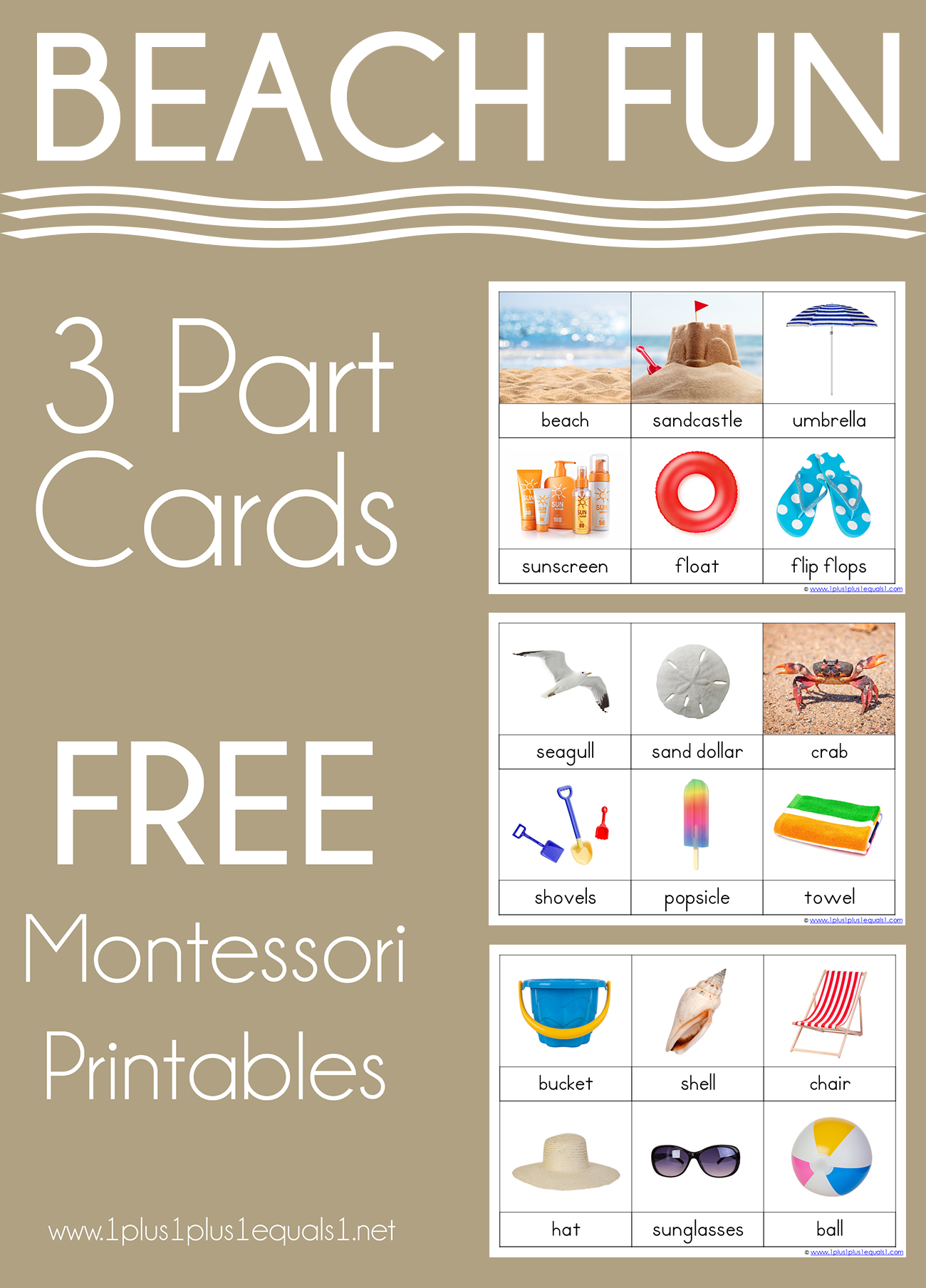 Beach Montessori Printables - Free 3 Part Cards - 1+1+1=1 throughout Free Montessori Printables