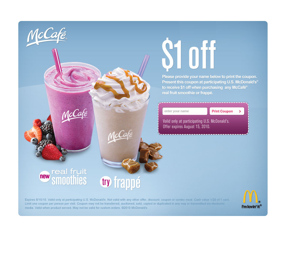 Beat The Heat! $1 Off Coupon For A Mccafe Frappe Or Smoothie for Free Mcdonalds Smoothie Printable Coupon