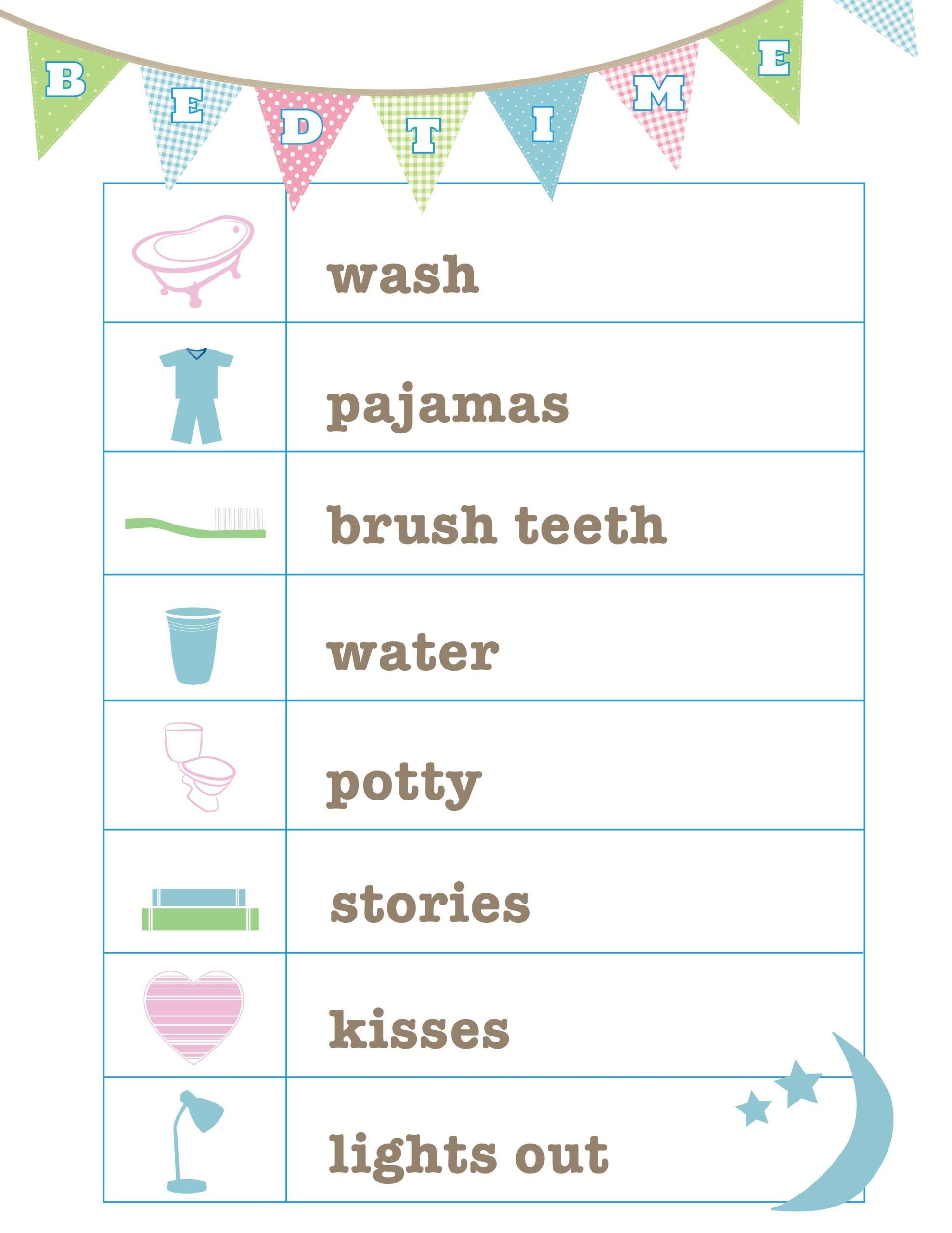 Bedtime Routine Chart For Kids for Free Printable Bedtime Routine Chart