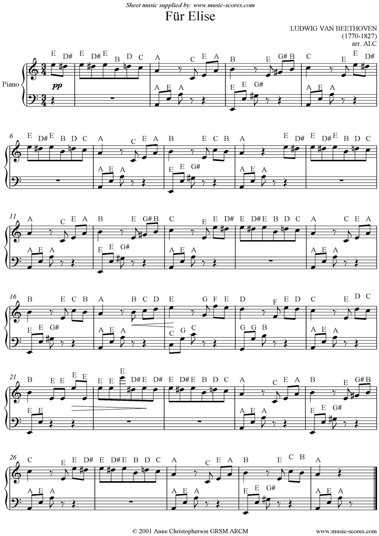 Beethoven. Für Elise 1St Theme Easy Piano Classical Sheet Music in Free Printable Classical Sheet Music For Piano