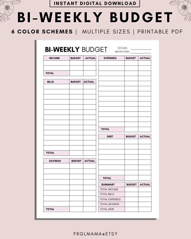 Bi-Weekly Budget Overview Template Printable, Paycheck Budget with regard to Free Printable Bi Weekly Budget Template