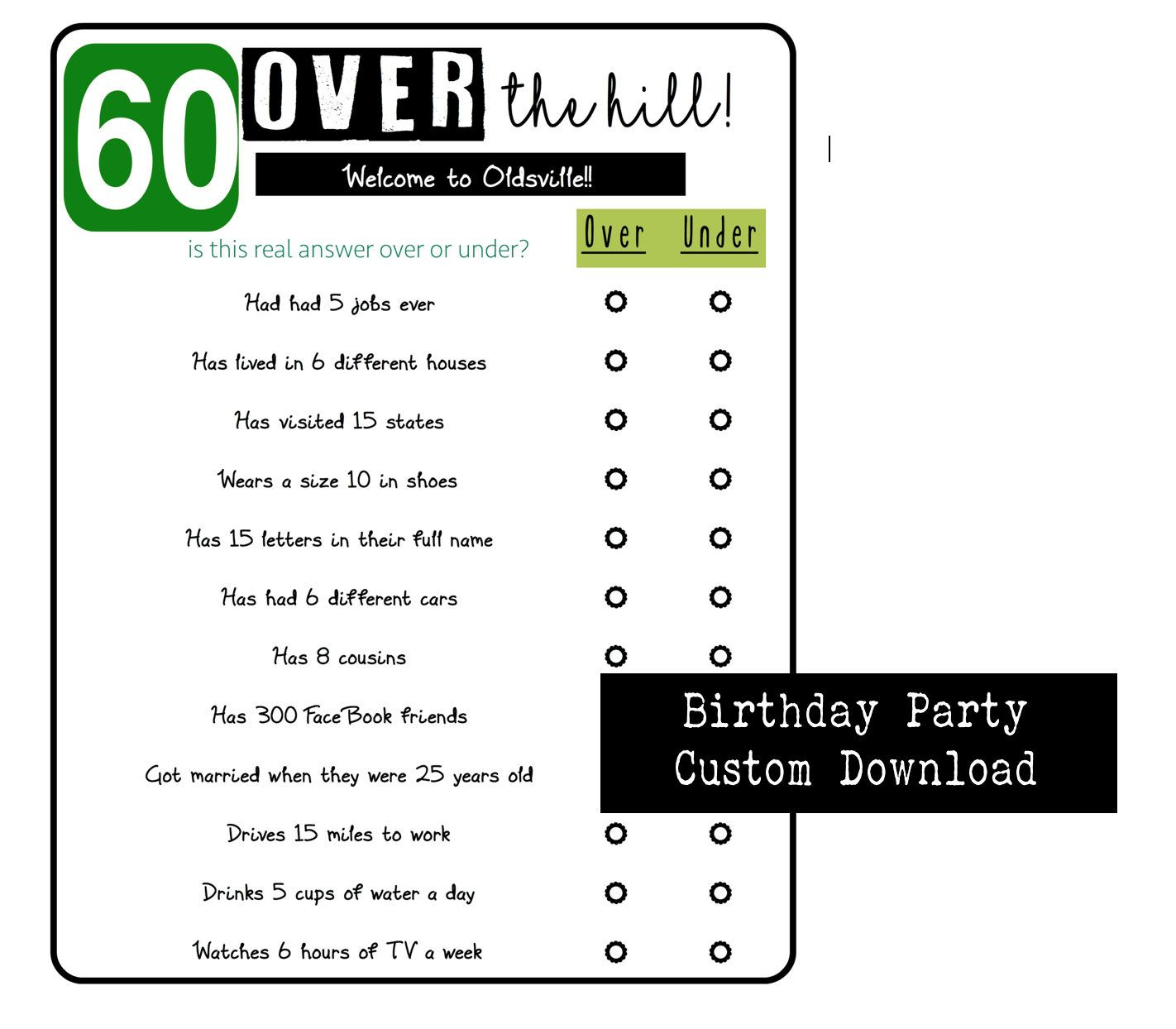 Birthday Party Game Over The Hill Over Or Under Trivia Game 50Th with regard to Over the Hill Games Free Printable