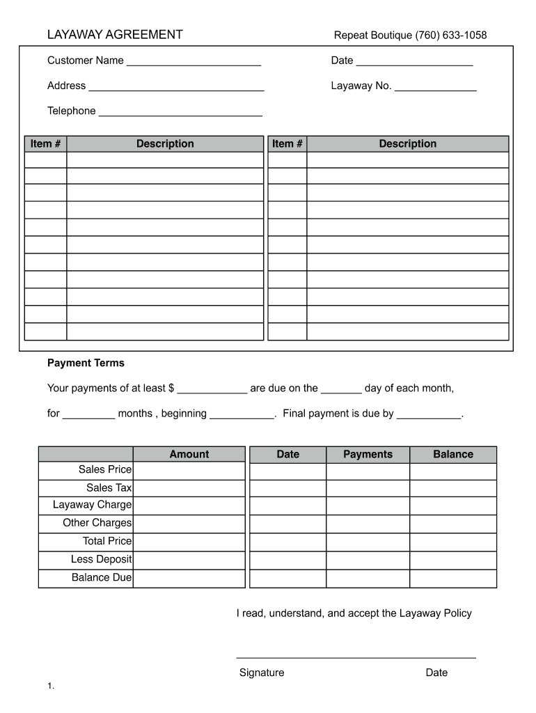 Blank Layaway Form - Fill Online, Printable, Fillable, Blank for Free Printable Layaway Forms