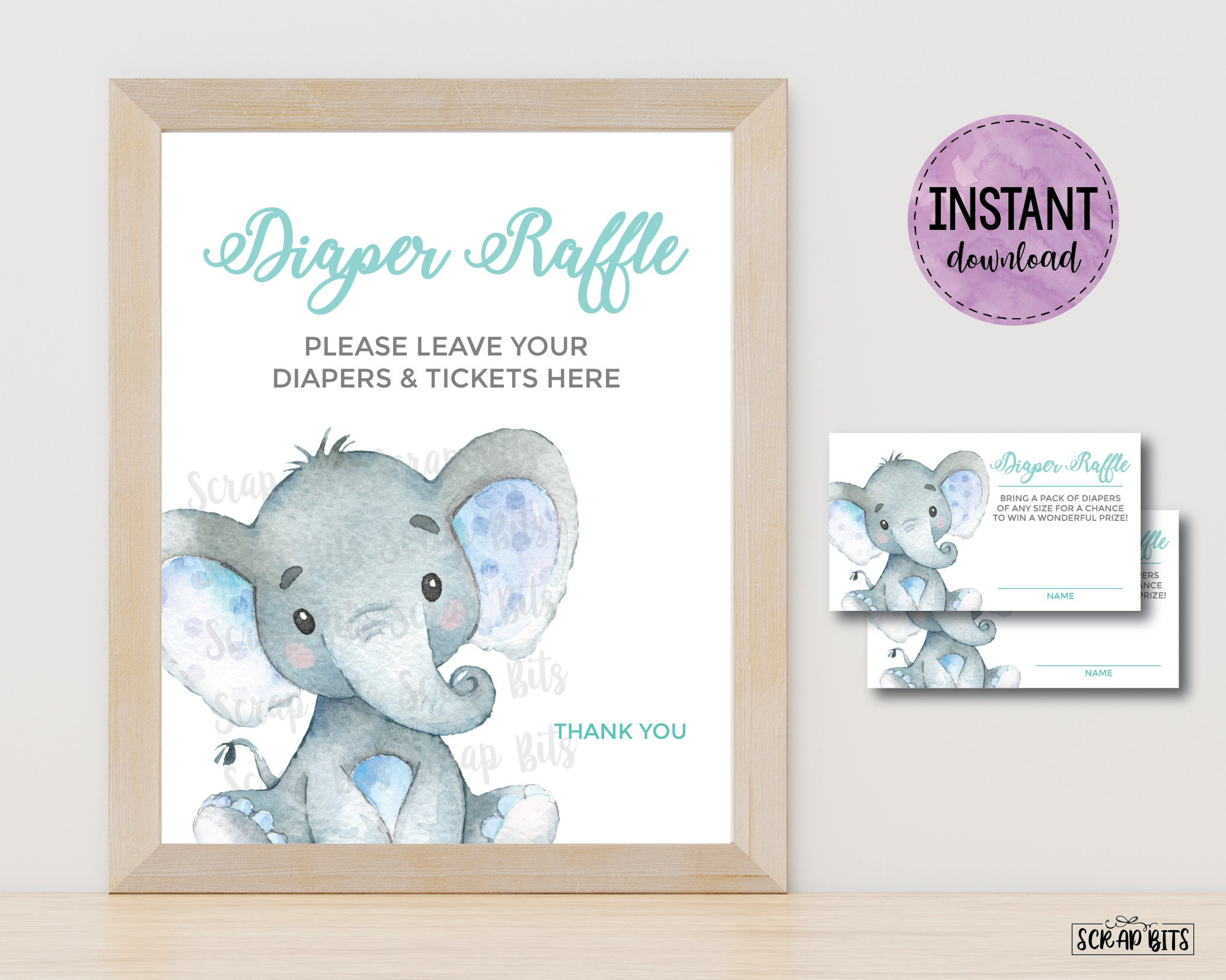 Blue Elephant Diaper Raffle Sign Tickets, Printable Elephant Baby for Free Printable Diaper Raffle Tickets Elephant