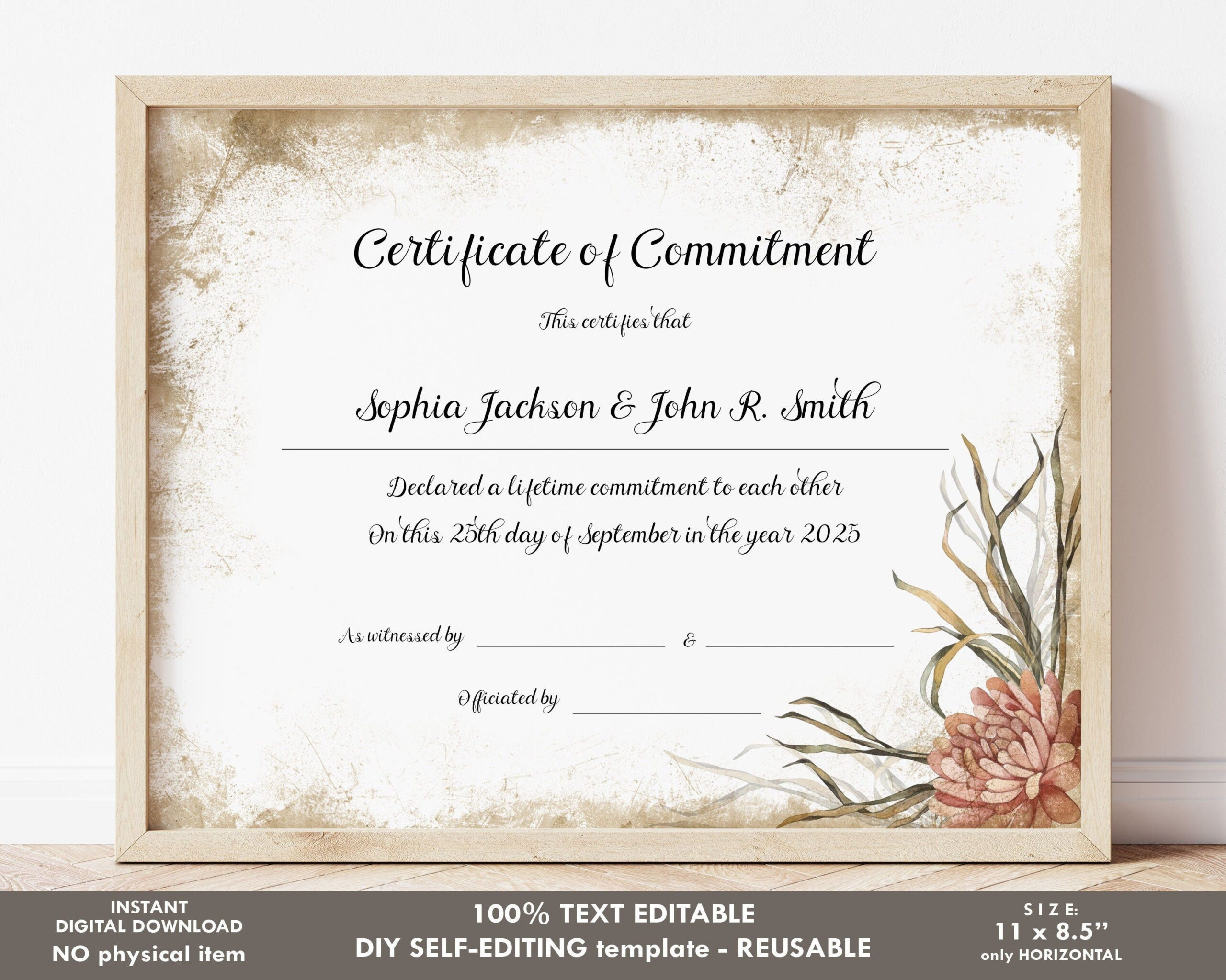 Boho Wedding Commitment Certificate Editable Template, Rustic for Commitment Certificate Free Printable