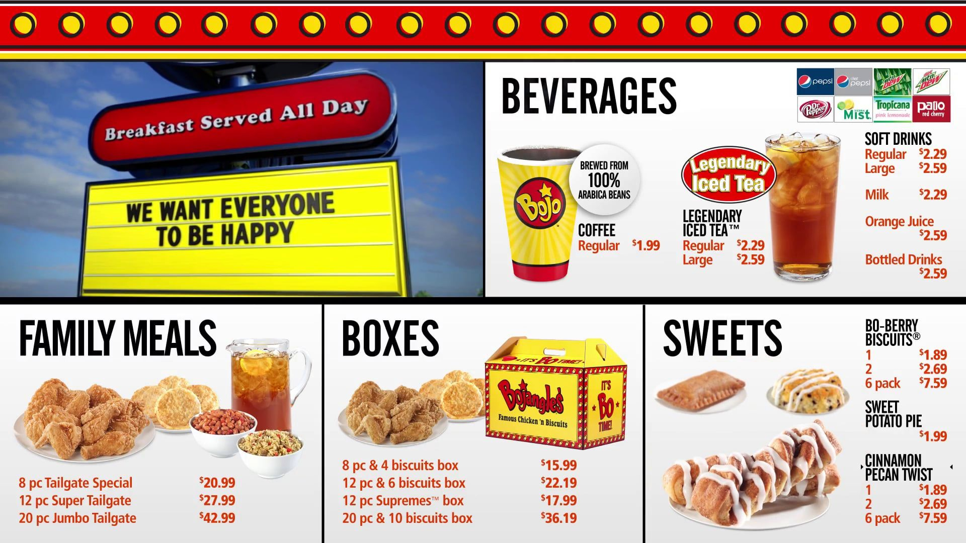 Bojangles Menuboard Screen 3 | Happy Coffee, Food, Family Meals in Free Printable Coupons for Bojangles