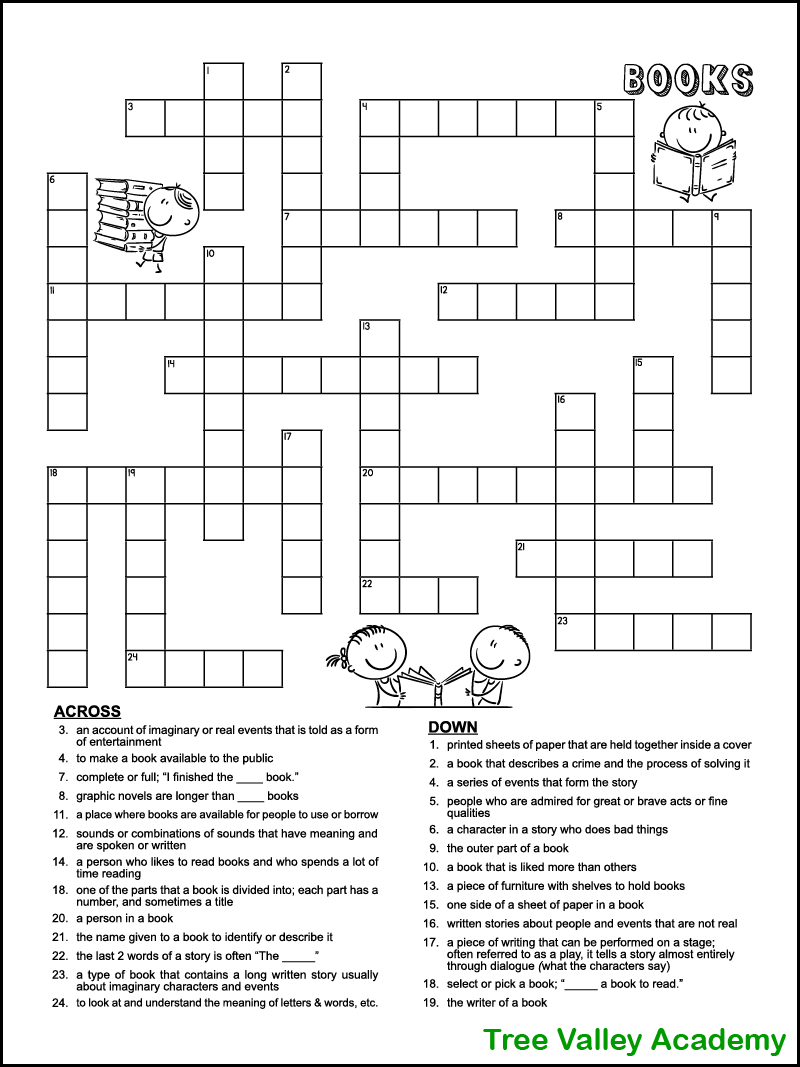 Book Themed Crossword Puzzle For Kids - Tree Valley Academy inside Free Printable Themed Crossword Puzzles