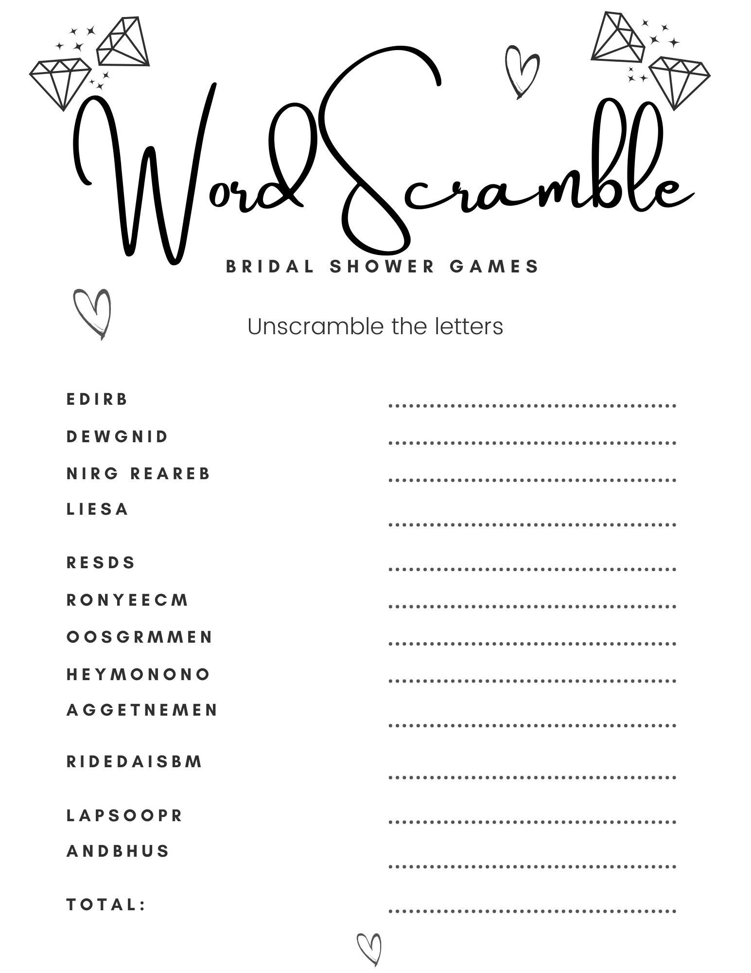 Bridal Shower Games Printable, Wedding Word Scramble Printable in Free Printable Bridal Shower Games Word Scramble