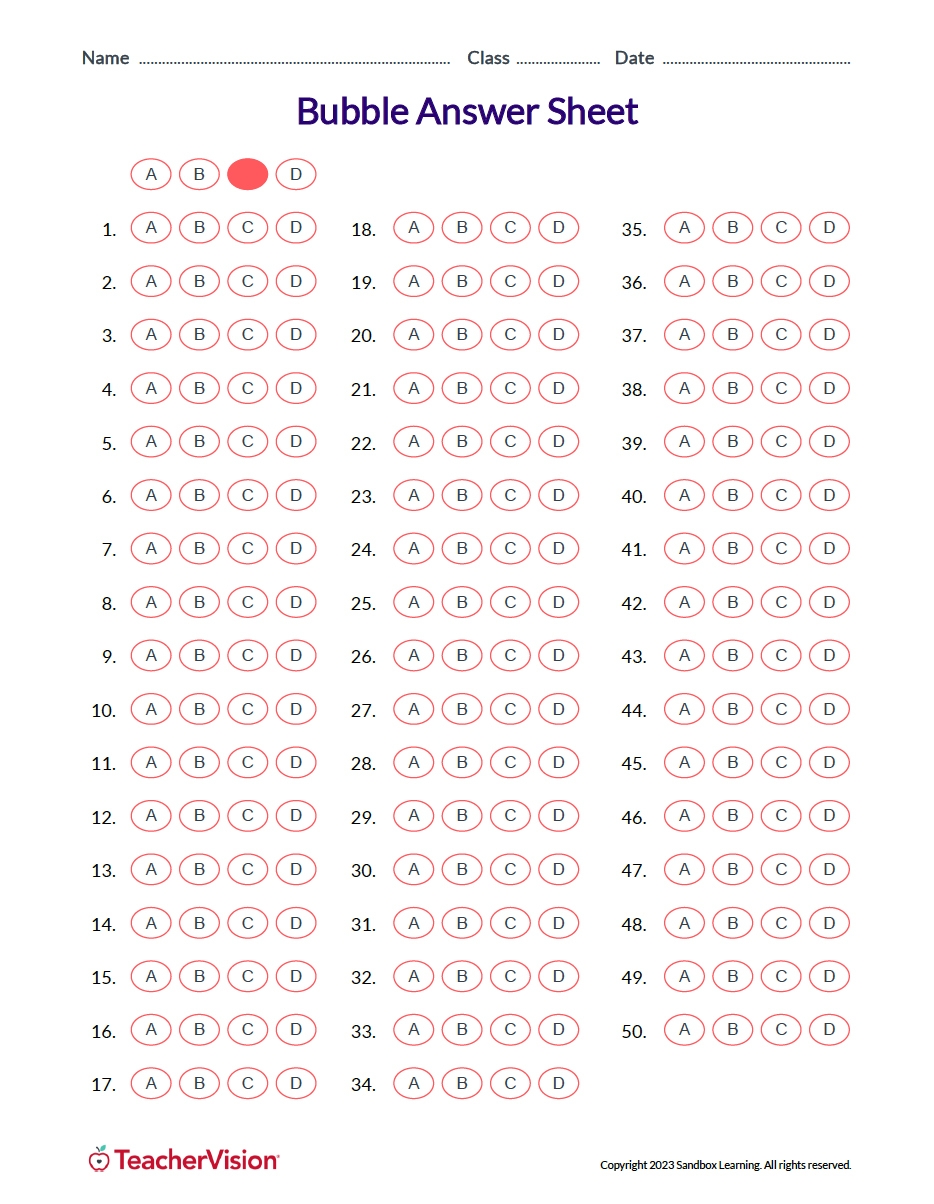 Bubble Answer Sheet For Tests - Teachervision pertaining to Free Printable Bubble Answer Sheets