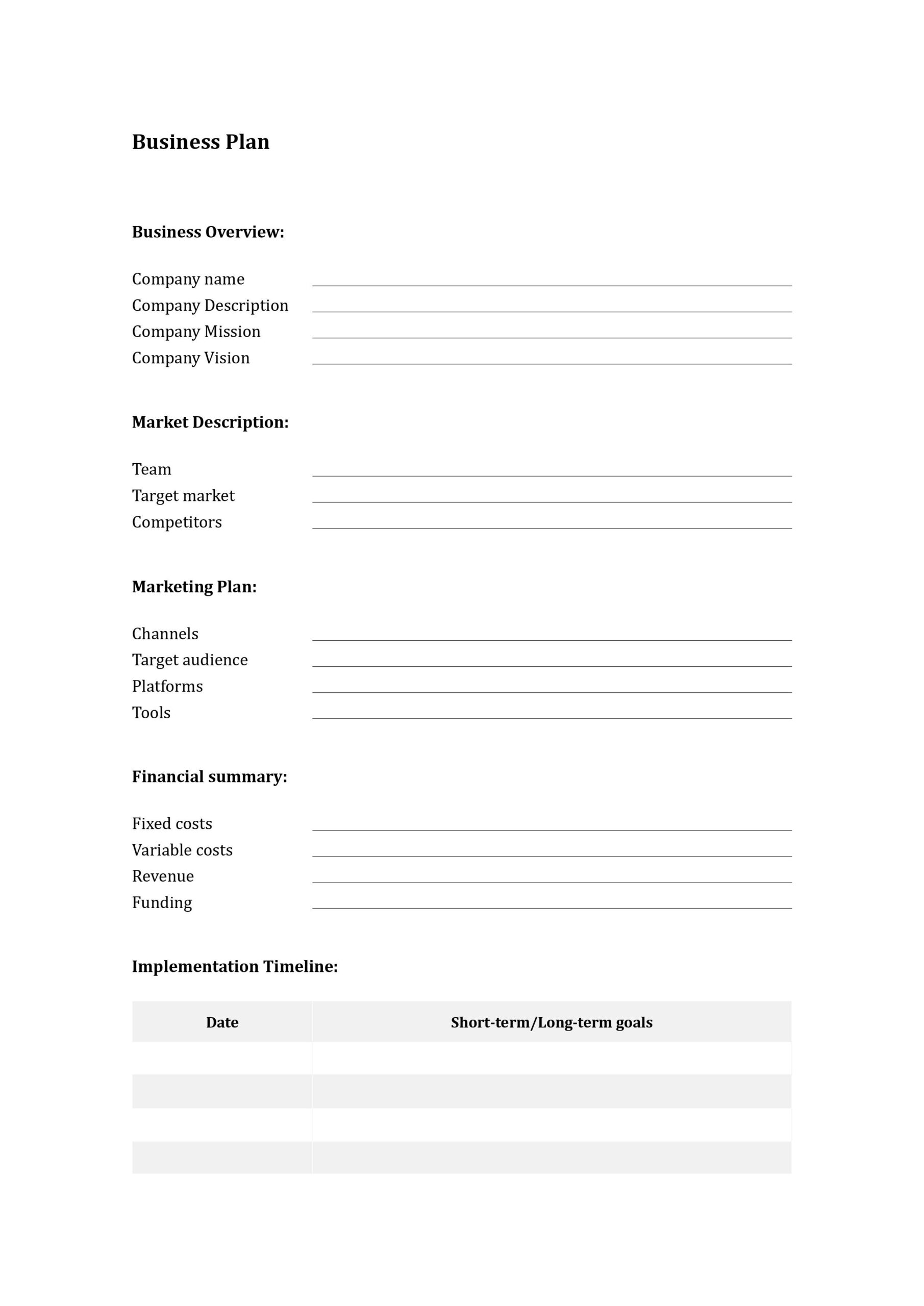 Business Plan Template with Free Printable Simple Business Plan Template