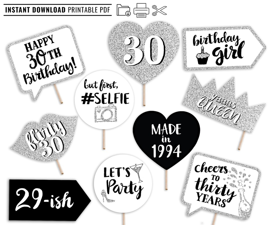 Buy 30Th Birthday Printable Photo Booth Props Silver Black And White 10 Signs Flirty Thirty Party Online In India - Etsy inside Free Printable 30Th Birthday Photo Booth Props