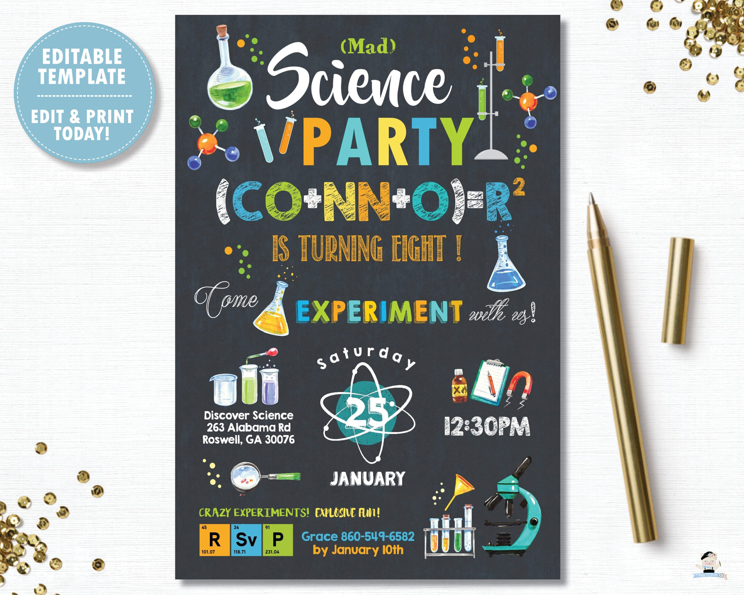 Buy Science Party Invitation, Editable Template, Mad Science with Free Printable Science Birthday Party Invitations