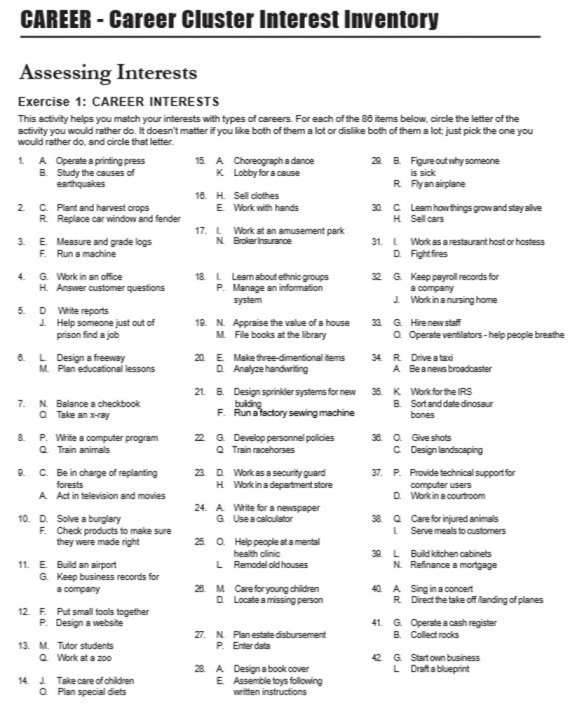 Career Interest Survey Printable intended for Printable Career Interest Survey For High School Students Free