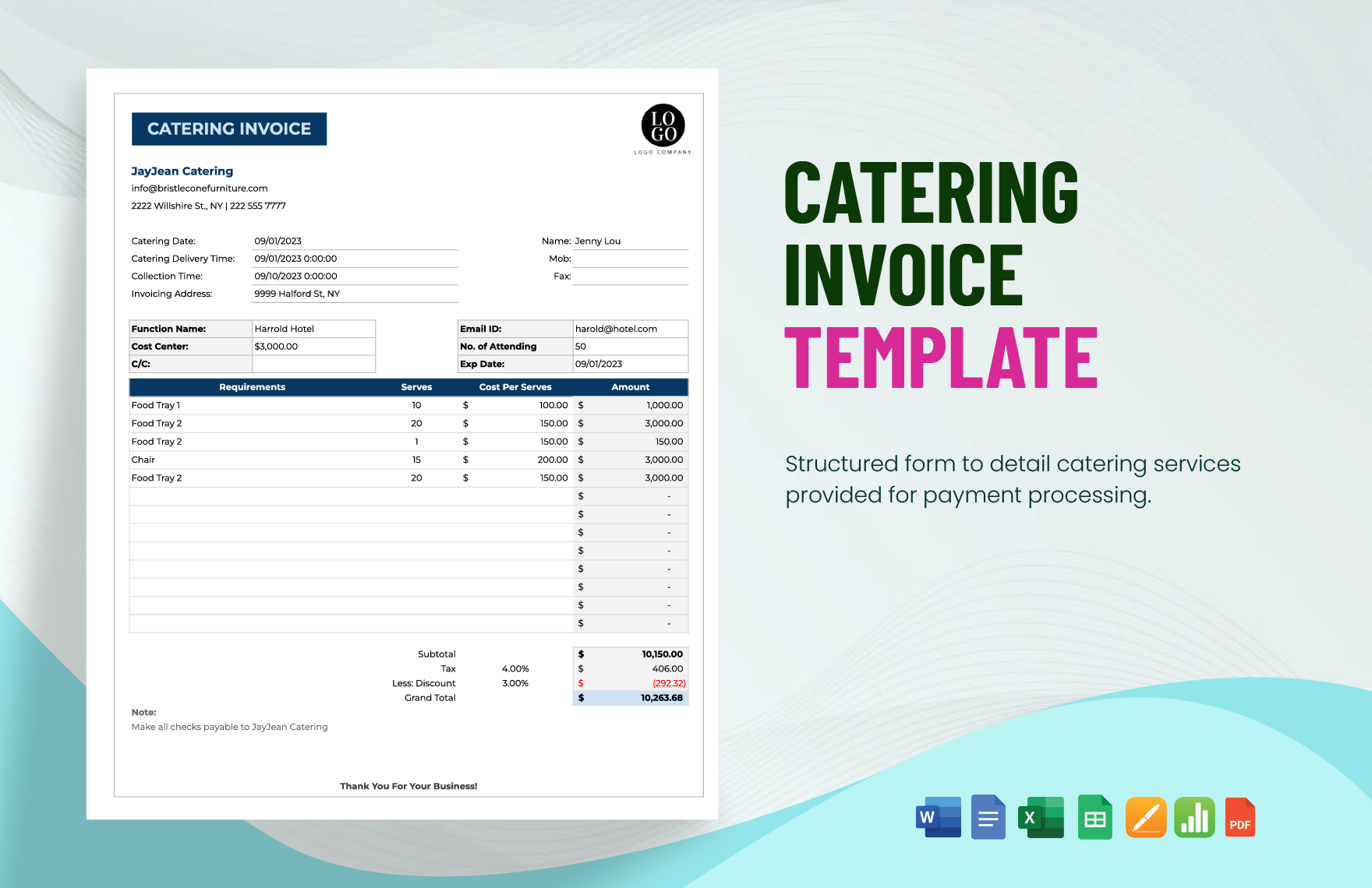 Catering Invoice Template In Google Docs, Apple Pages, Word, Pdf for Free Printable Catering Invoice Template