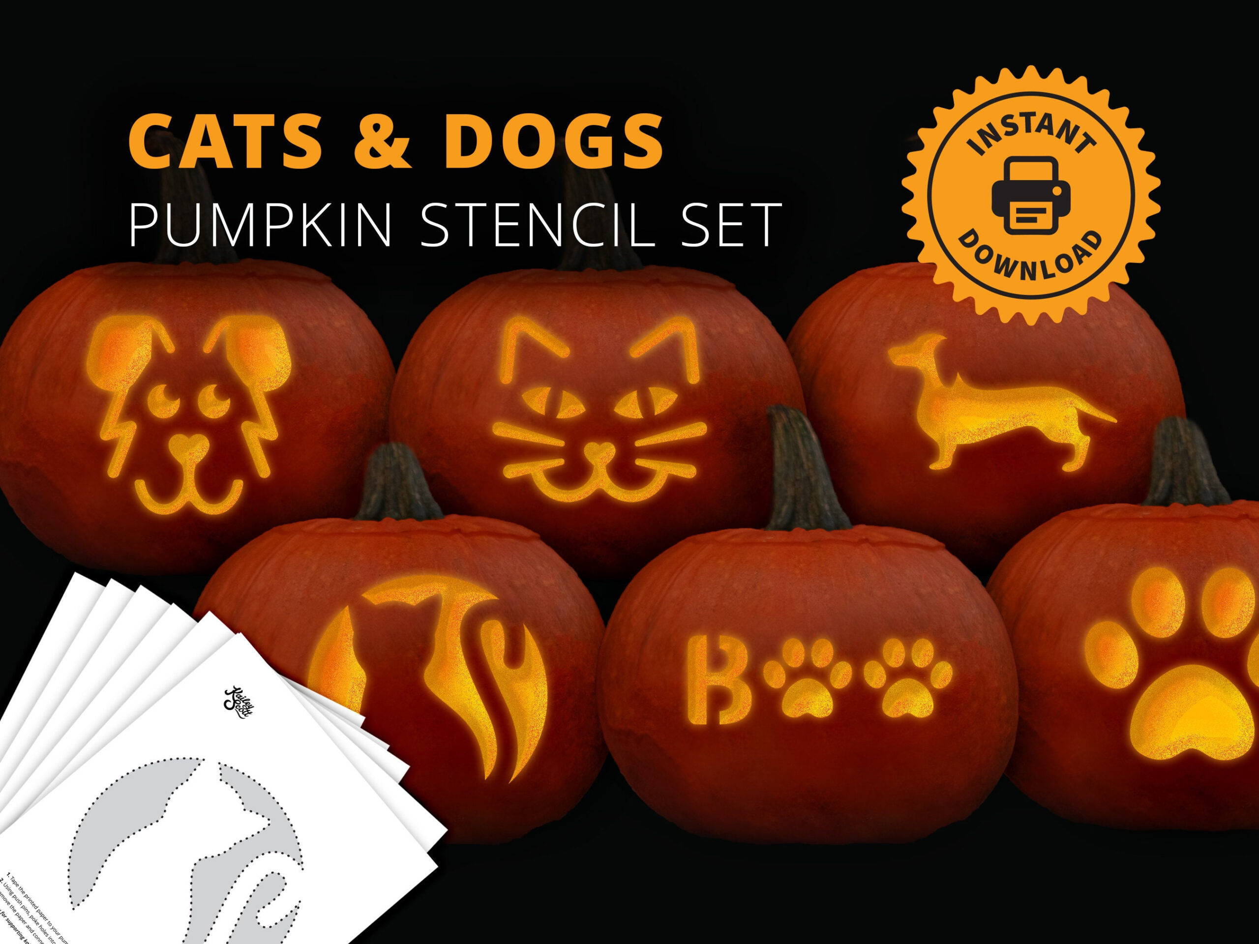 Cats And Dogs Printable Pumpkin Carving Stencil Set Animal Lover intended for Free Printable Pumpkin Carving Templates Dog